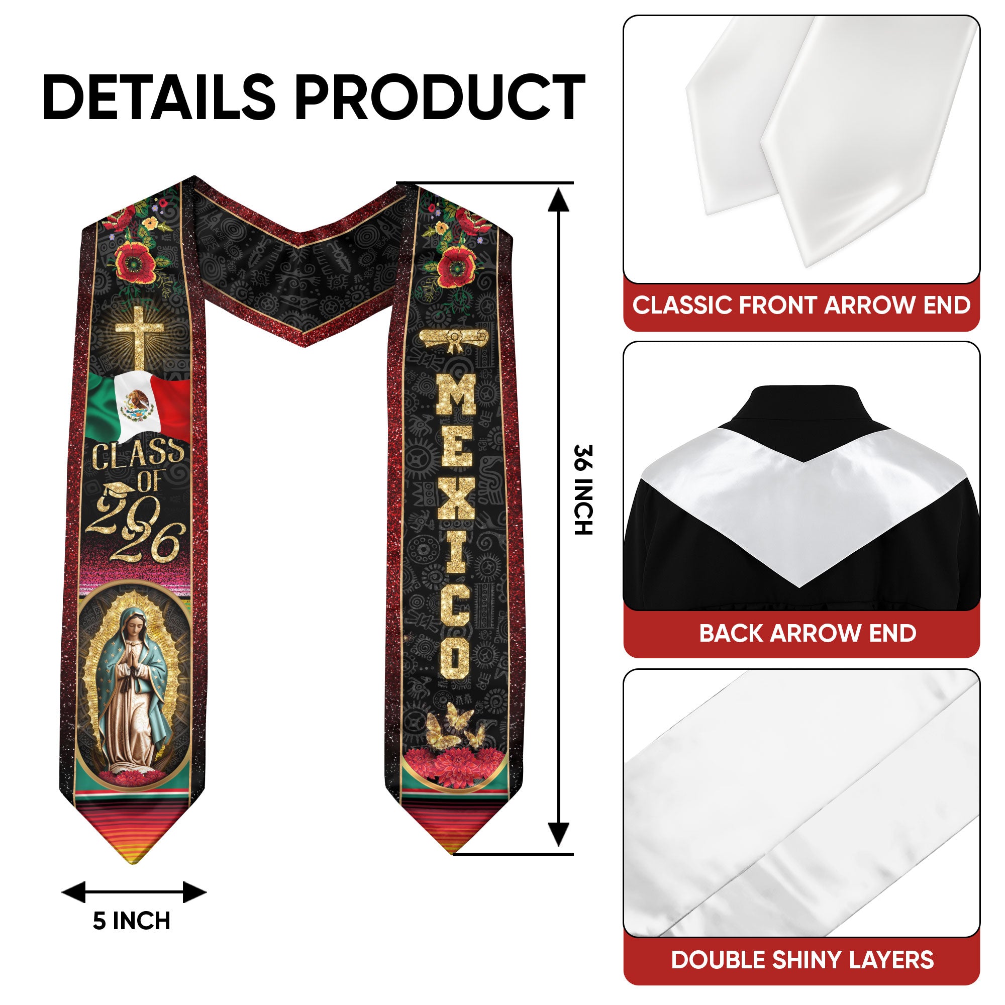 Mexican Graduation Stole Mexico Sash Aztec Virgin Mary Cross Flag Flowers 2026