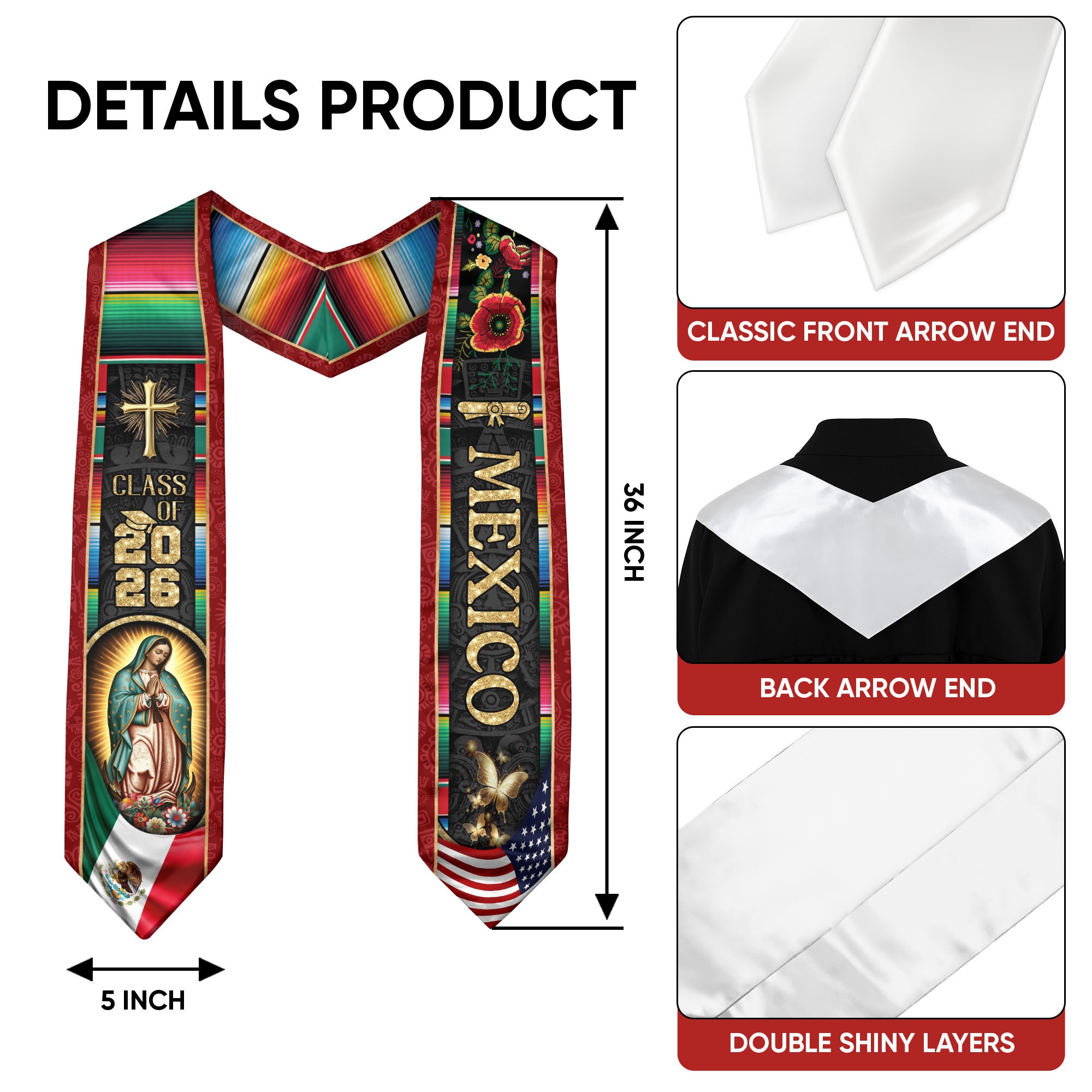 Mexican Graduation Stole Mexico USA Flag Aztec Virgin Mary Cross Serape 2026