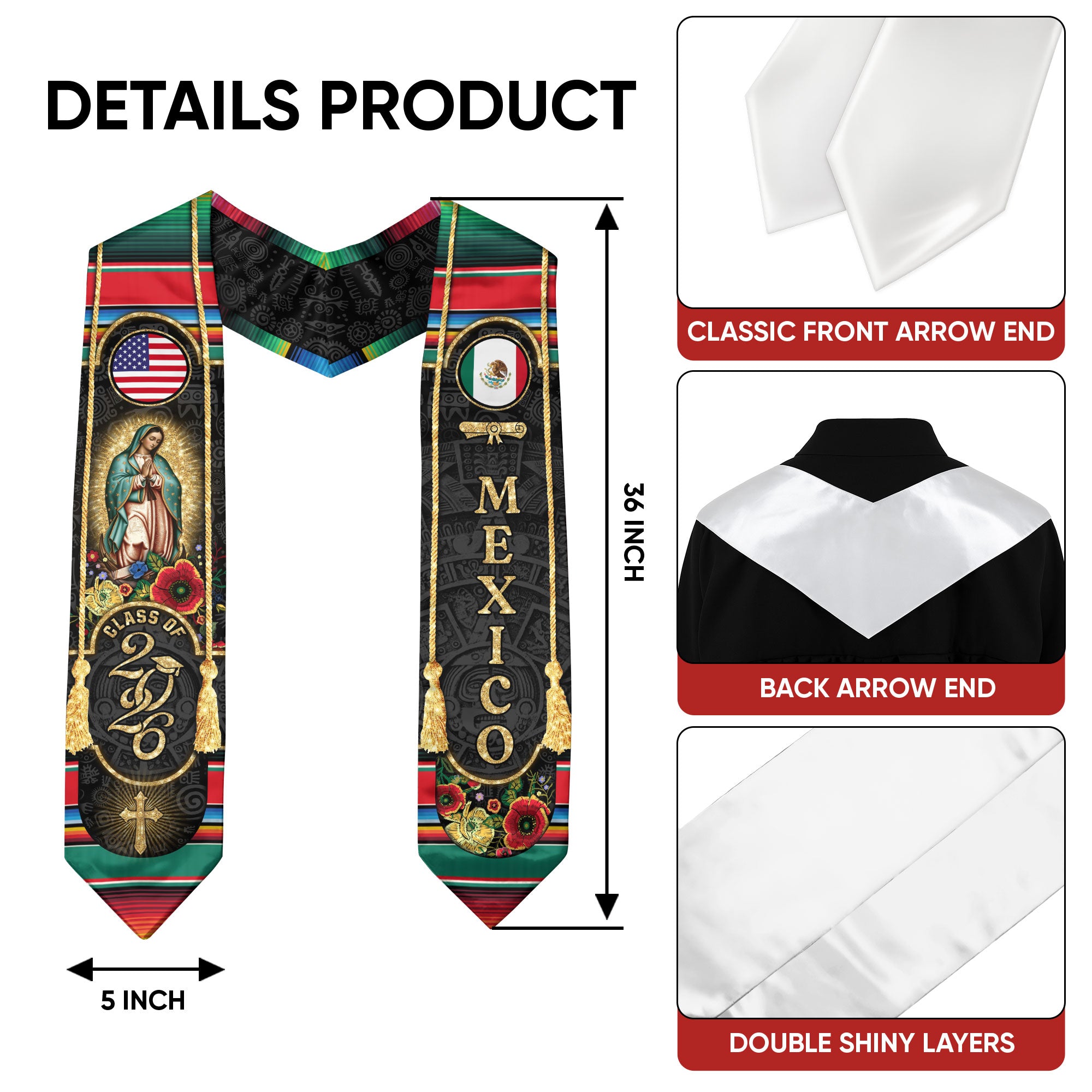 Mexican Graduation Stole Mexico USA Flag Aztec Virgin Mary Cross Flowers 2026