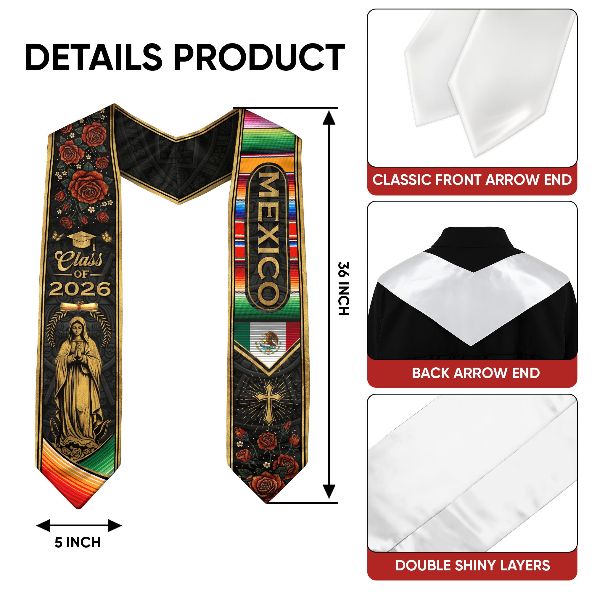 Mexican Graduation Stole Mexico Sash Aztec Roses Virgin Mary Cross Class 2026