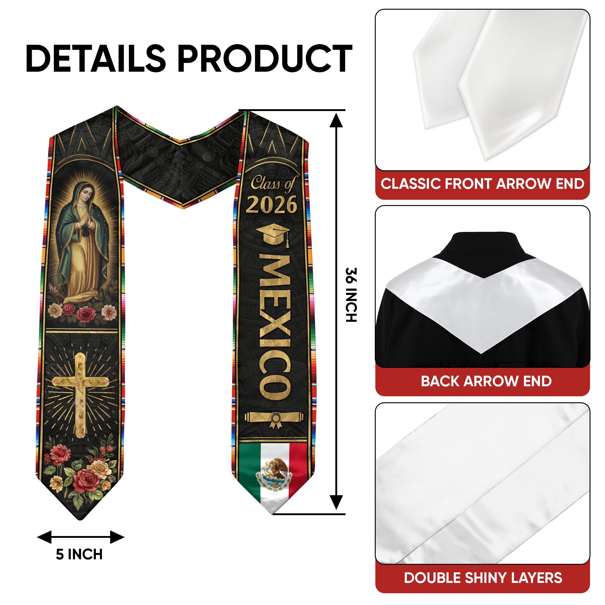 Mexican Graduation Stole Mexico Sash Aztec Virgin Mary Cross Roses Class 2026