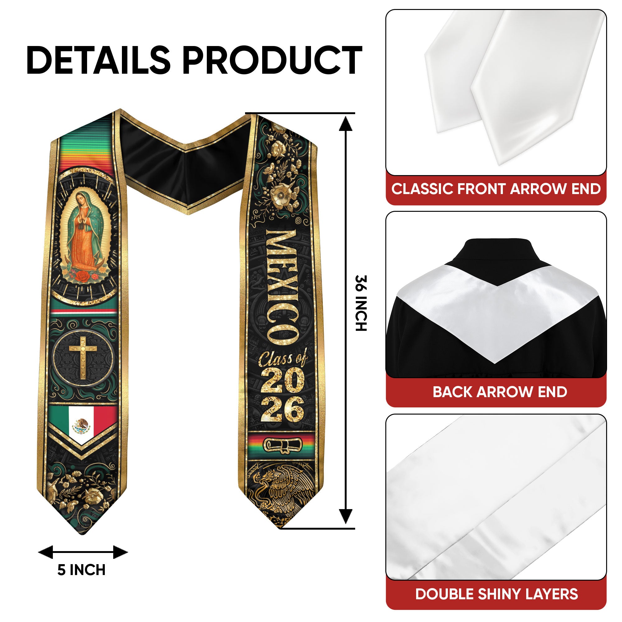 Mexican Graduation Stole Mexico Sash Aztec Virgin Mary Cross Eagle 2026