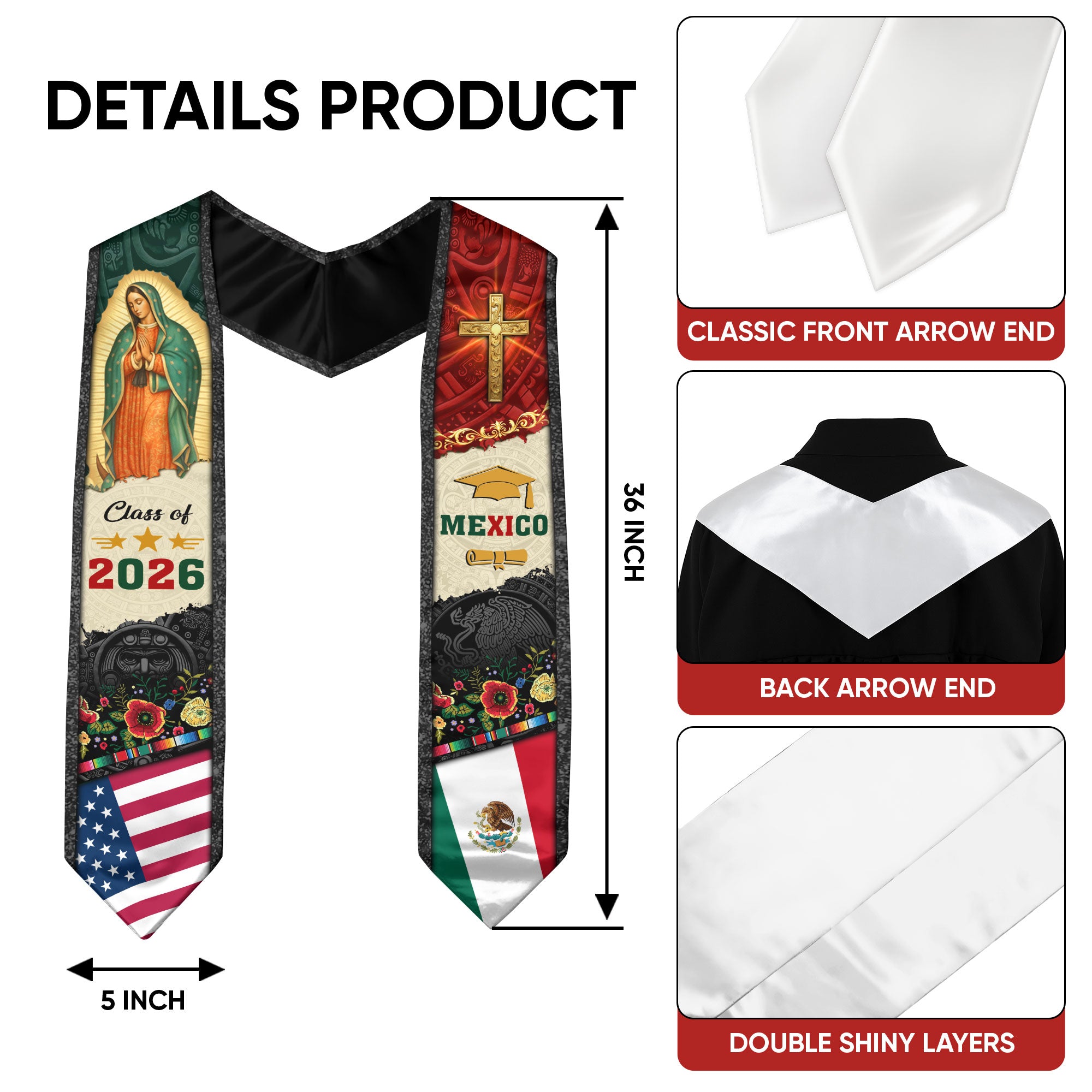 Mexican Graduation Stole Mexico USA Flag Aztec Virgin Mary Cross Eagle 2026