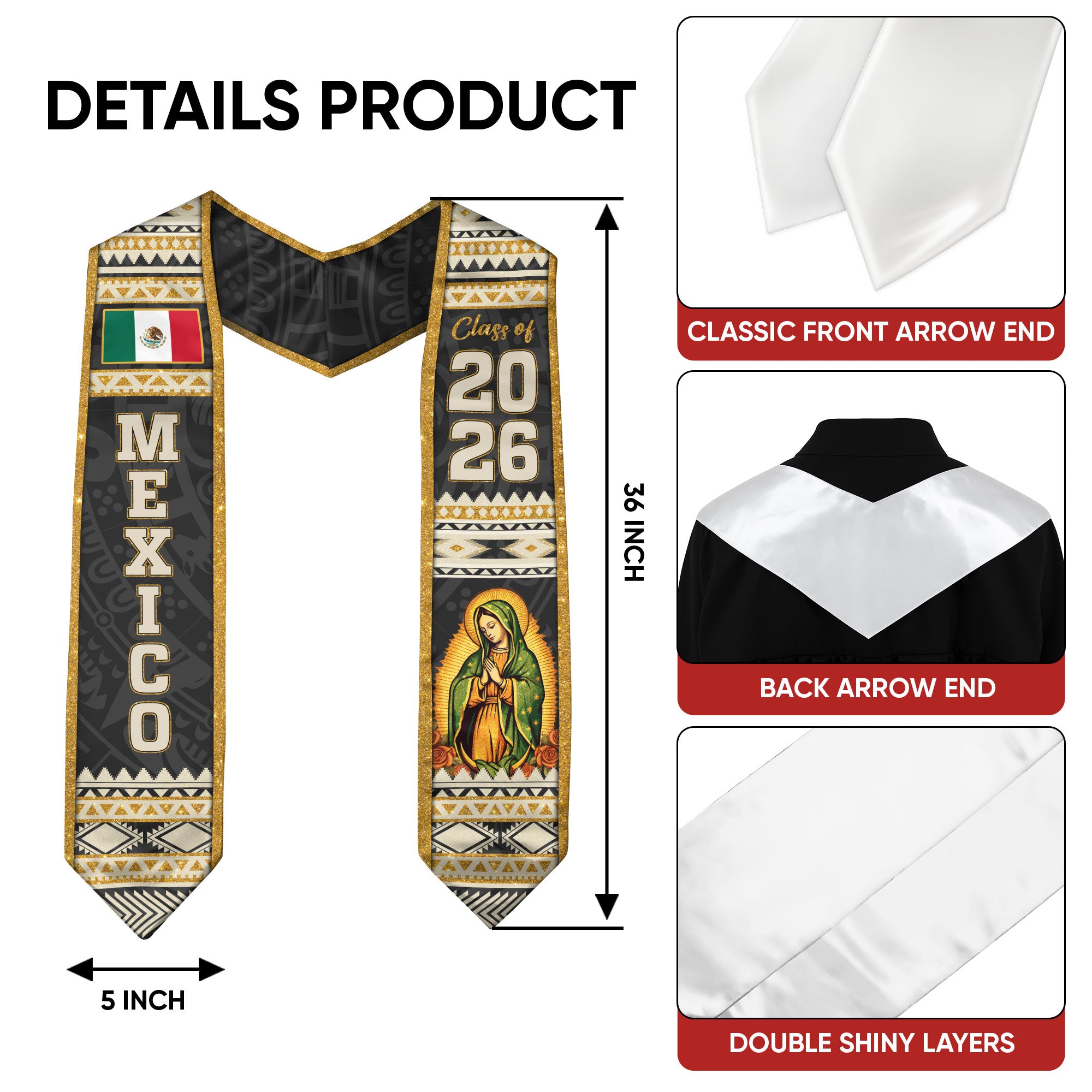 Mexican Graduation Stole Mexico Sash Aztec Virgin Mary Gold Pattern 2026