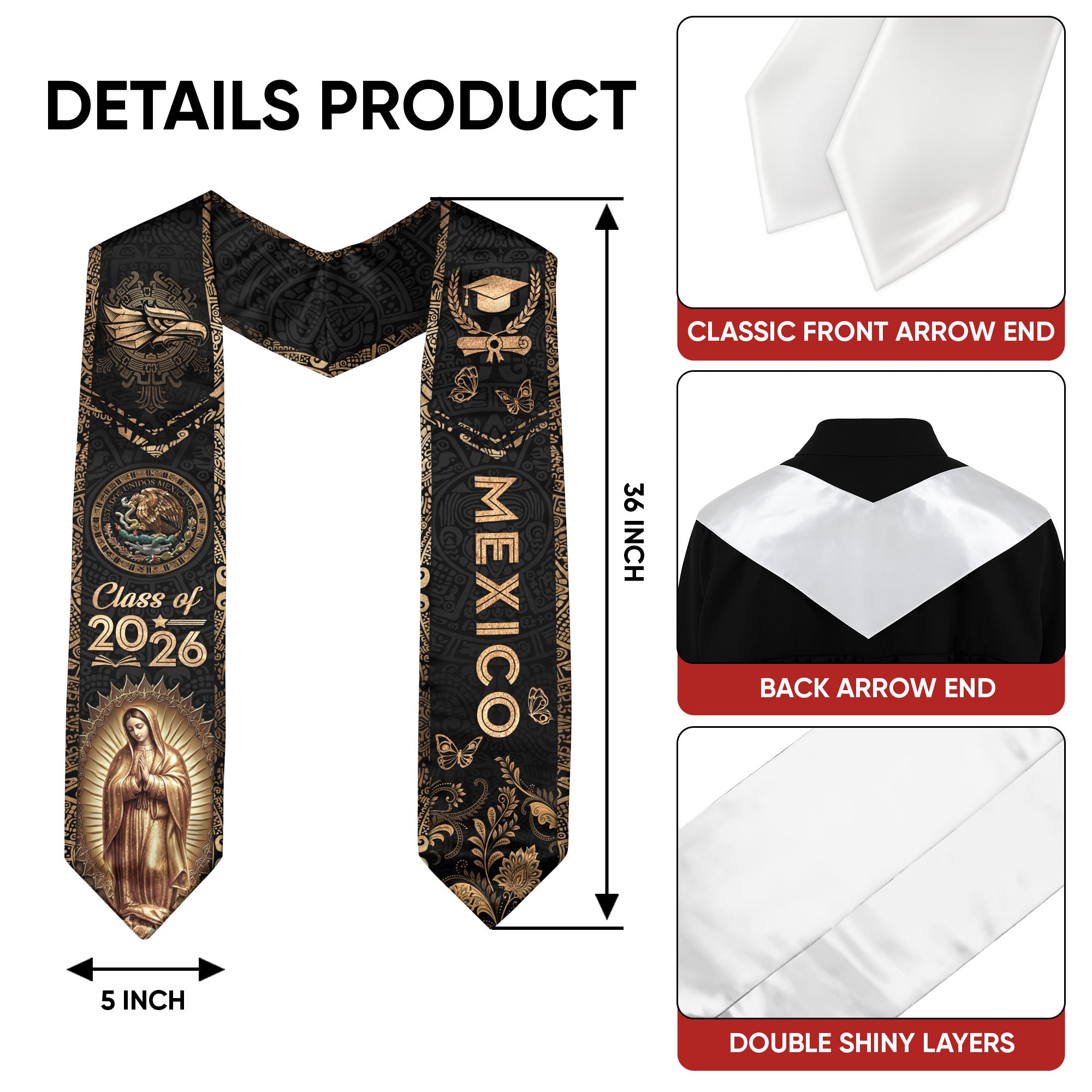 Mexican Graduation Stole Mexico Sash Aztec Eagle Virgin Mary Gold 2026