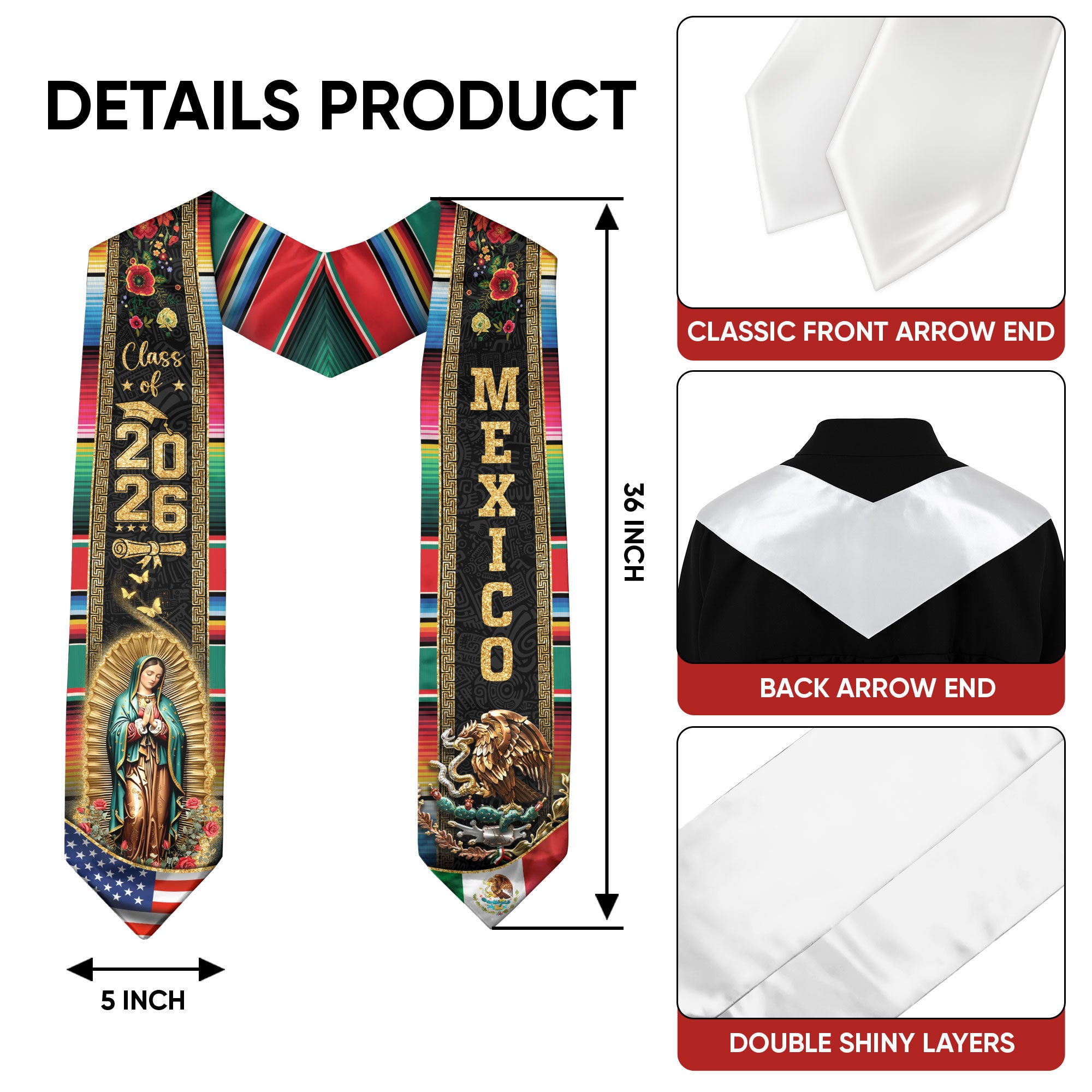 Mexican Graduation Stole Mexico USA Flag Aztec Eagle Virgin Mary Serape 2026