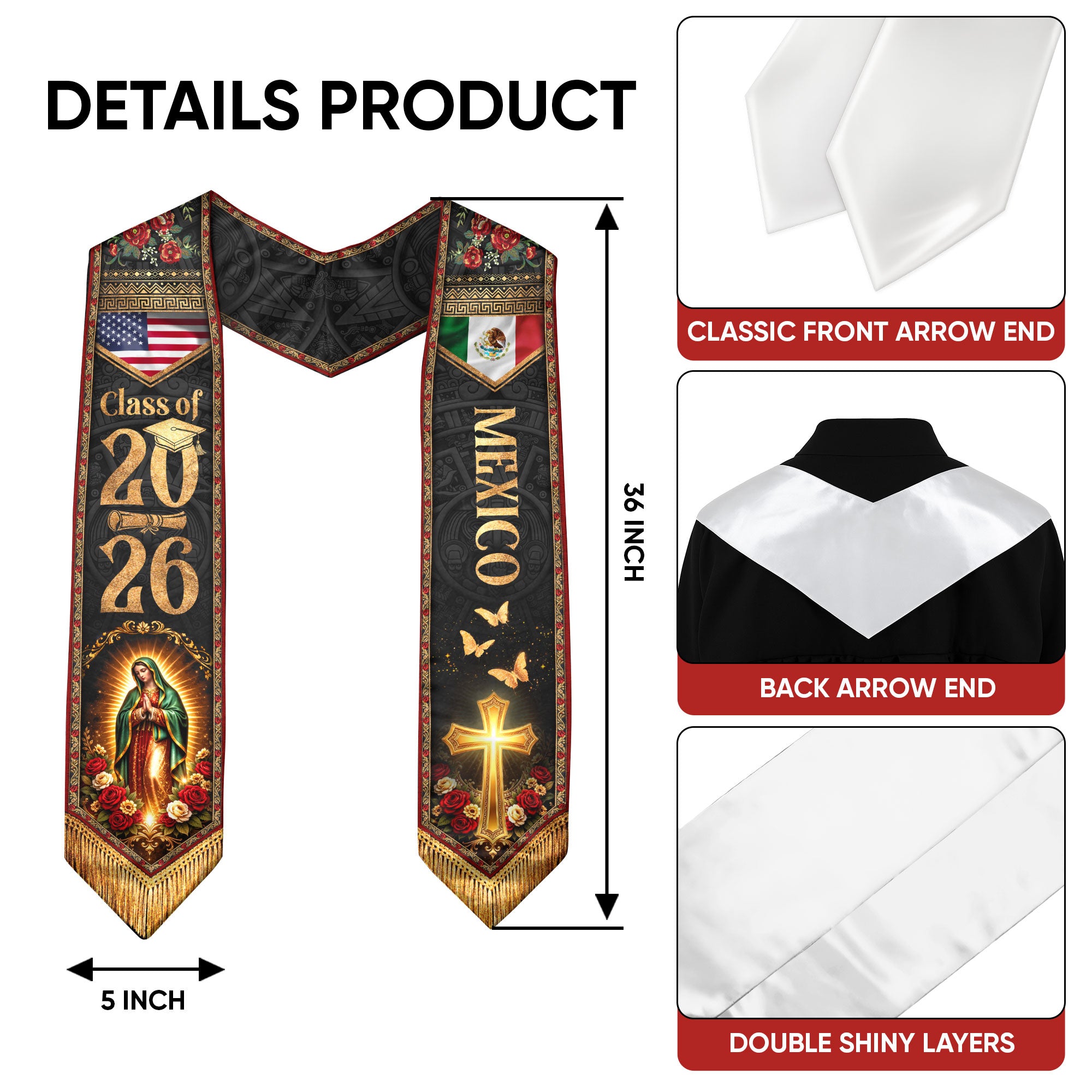 Virgen de Guadalupe Mexican American Graduation Stole Class of 2026 Sash