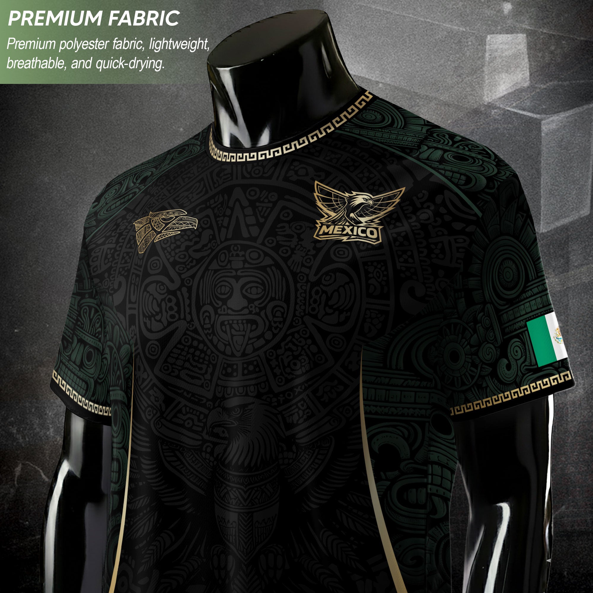 Camiseta de fútbol premium con emblema de águila azteca verde y dorado de México
