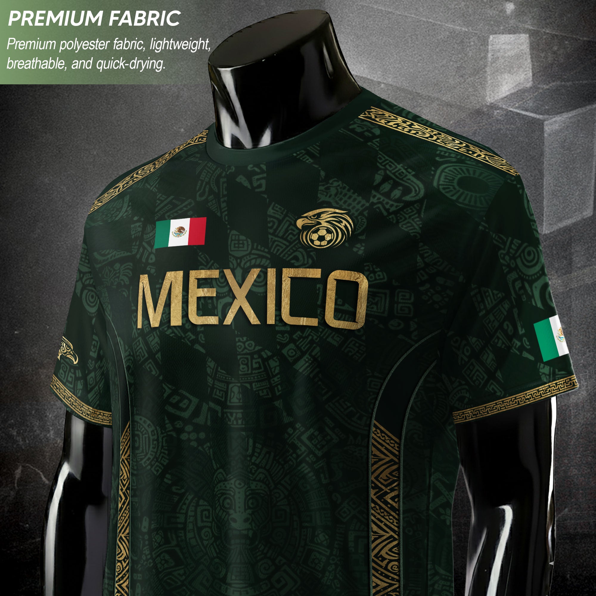 Camiseta de fútbol premium con emblema de águila azteca verde y dorado de México