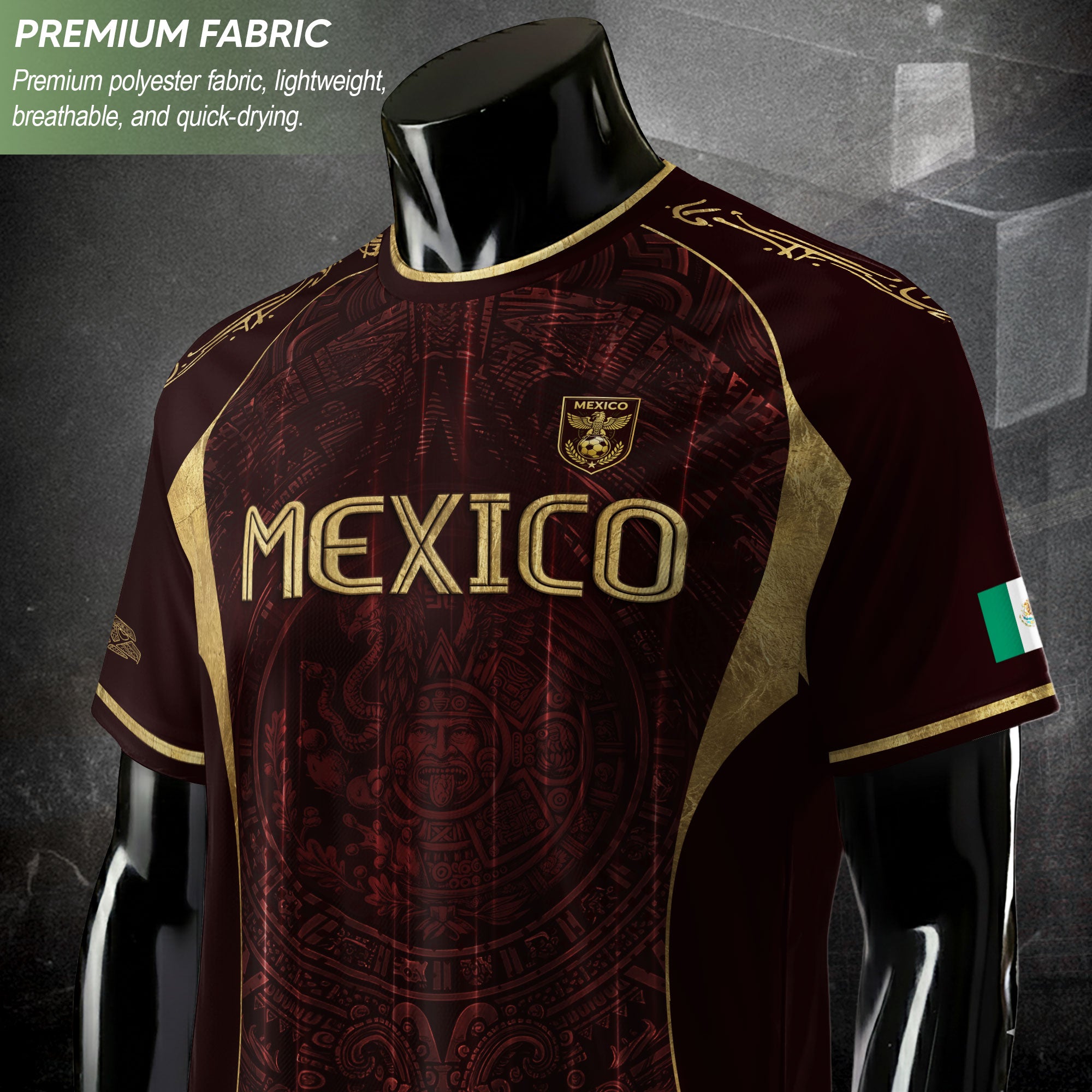 Camiseta de fútbol premium con emblema de águila azteca verde y dorado de México