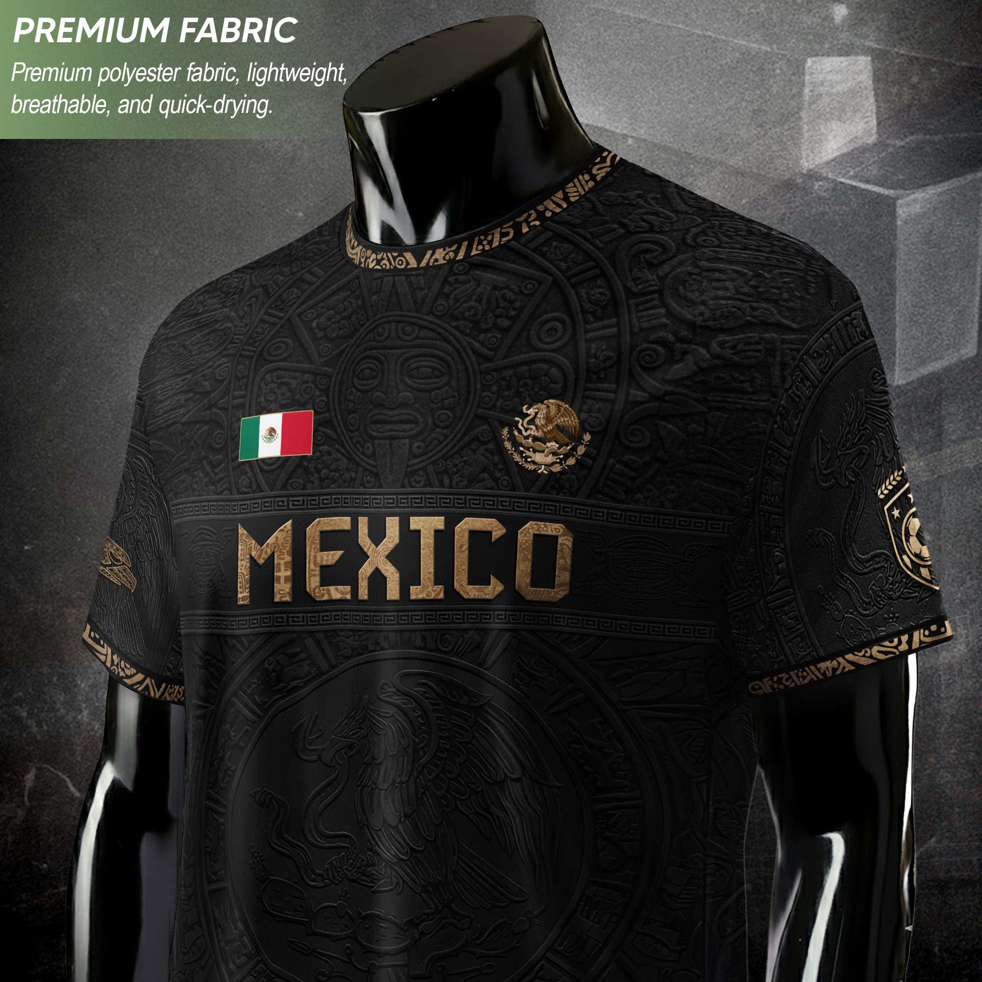 Camiseta de fútbol premium con emblema de águila azteca verde y dorado de México
