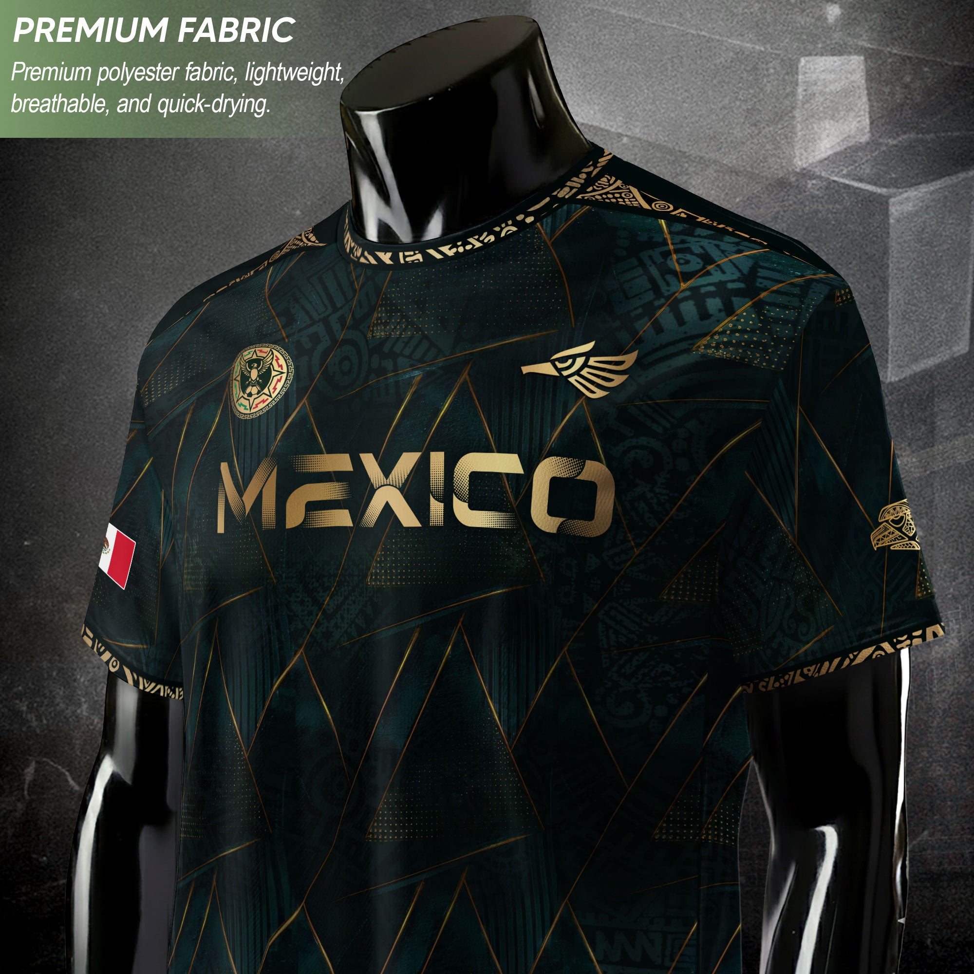 Camiseta de fútbol premium con emblema de águila azteca verde y dorado de México