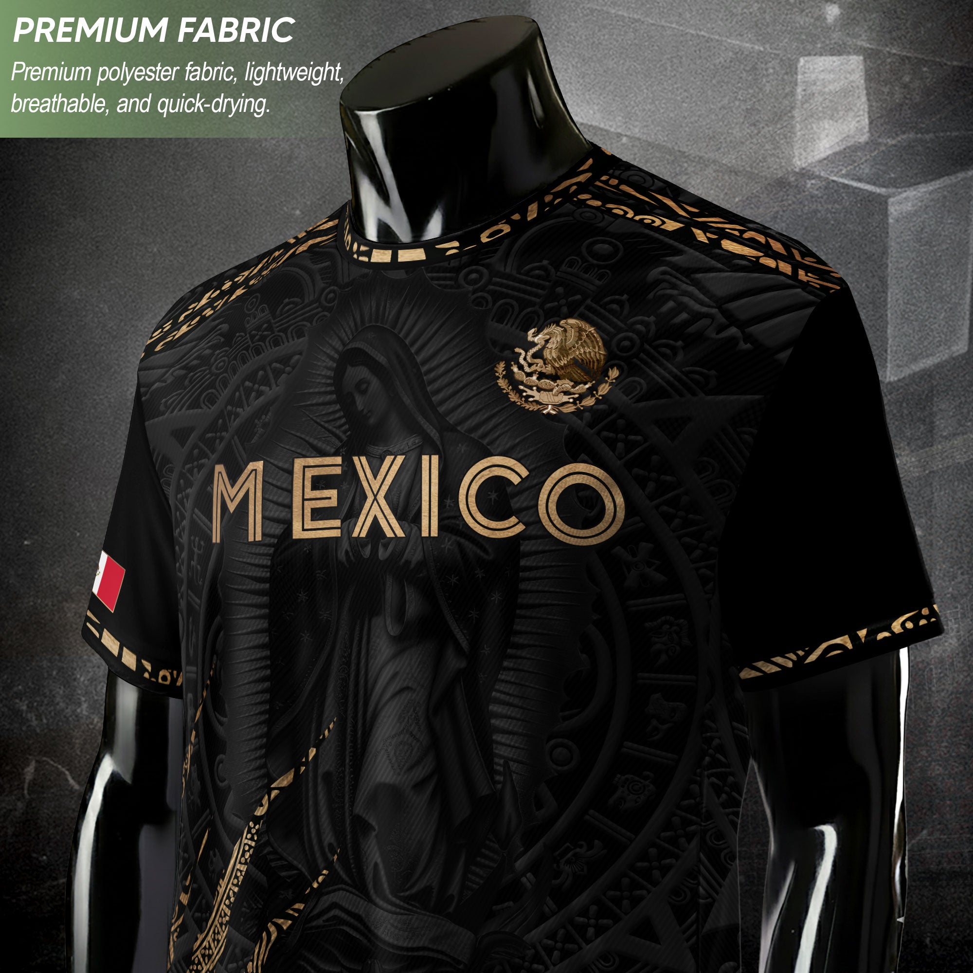 Camiseta de fútbol premium con emblema de águila azteca verde y dorado de México