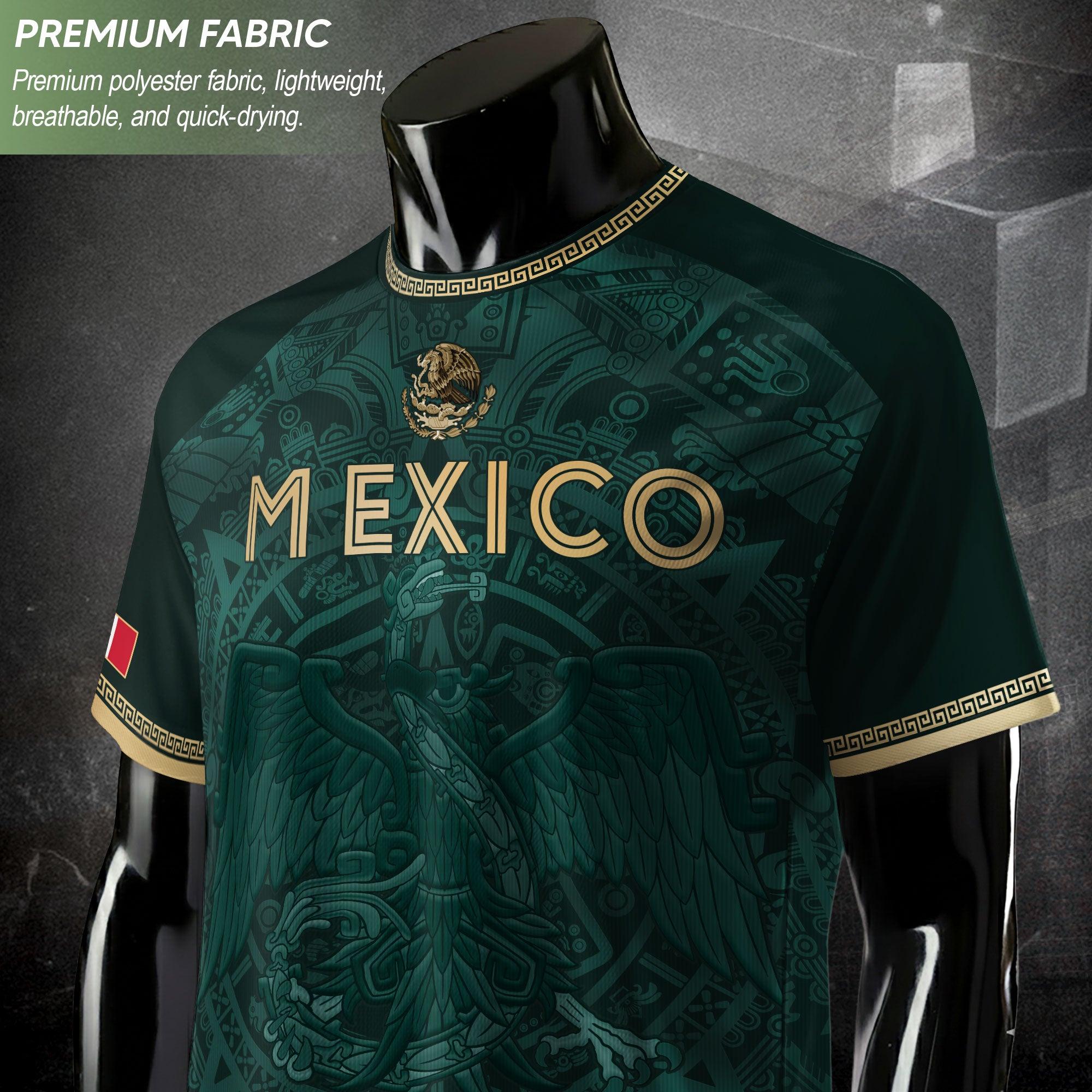 Camiseta de fútbol premium con emblema de águila azteca verde y dorado de México