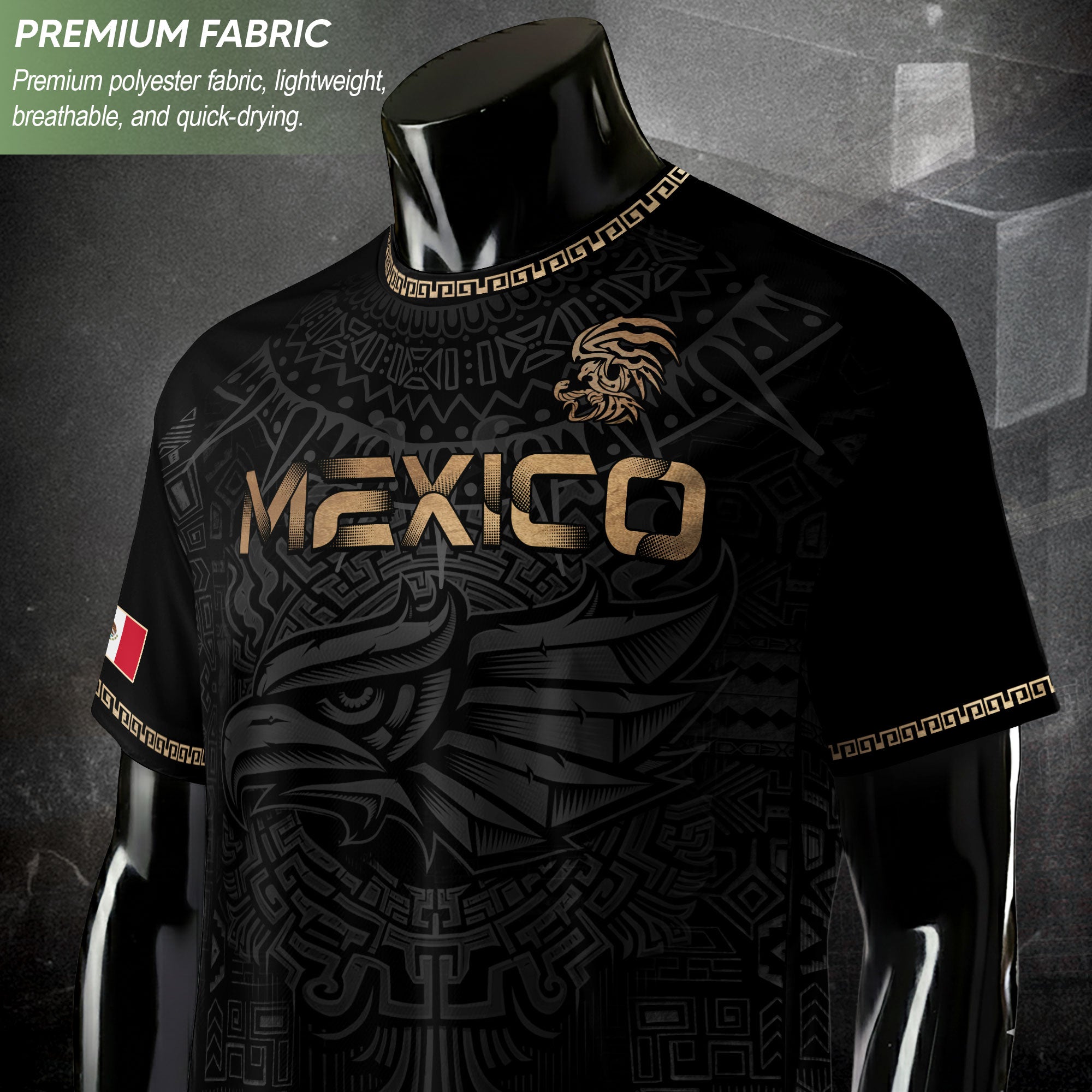Mexico Heritage Orgullo Mexicano Black Gold Eagle Aztec Calendar Soccer Jersey