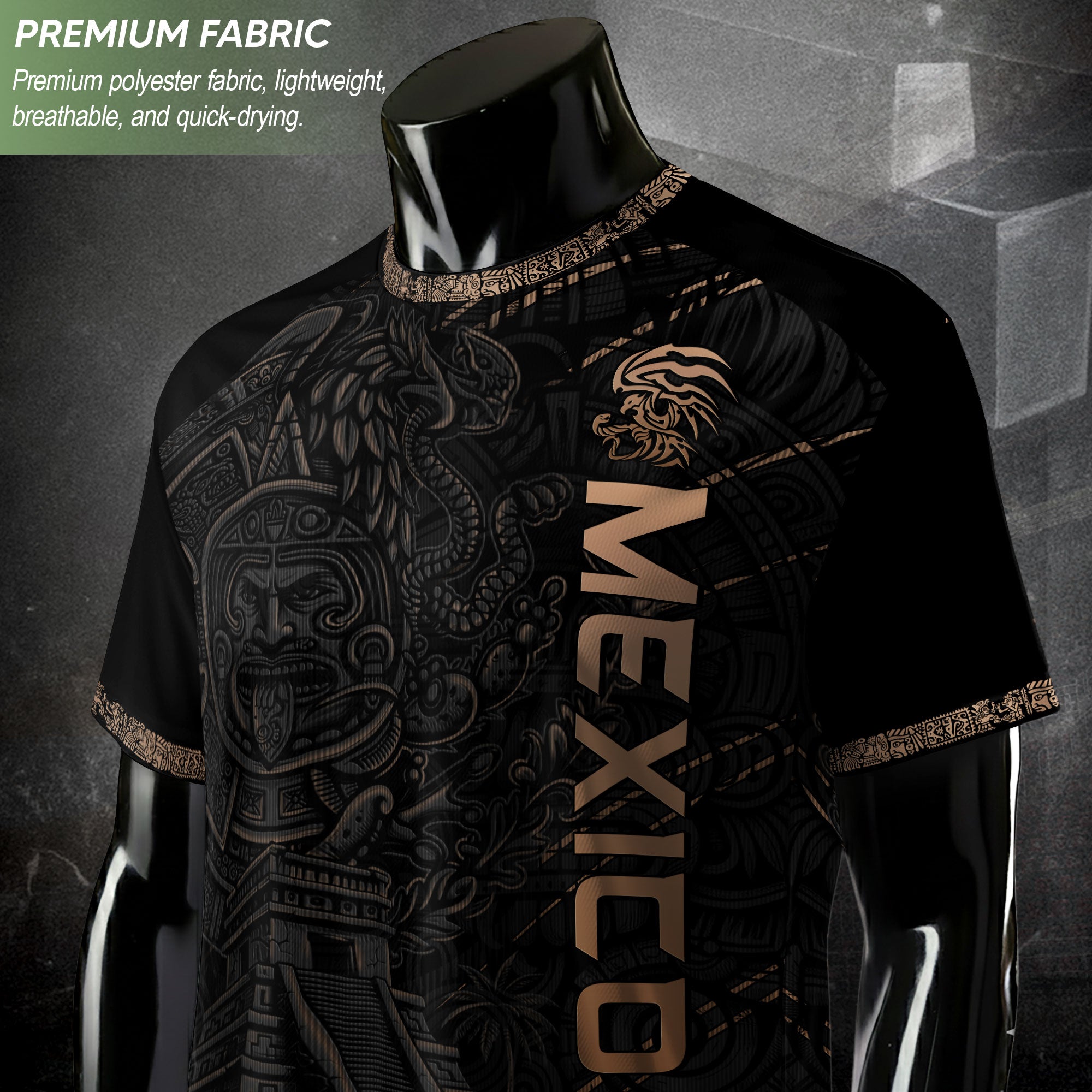 Camiseta de fútbol premium con emblema de águila azteca verde y dorado de México