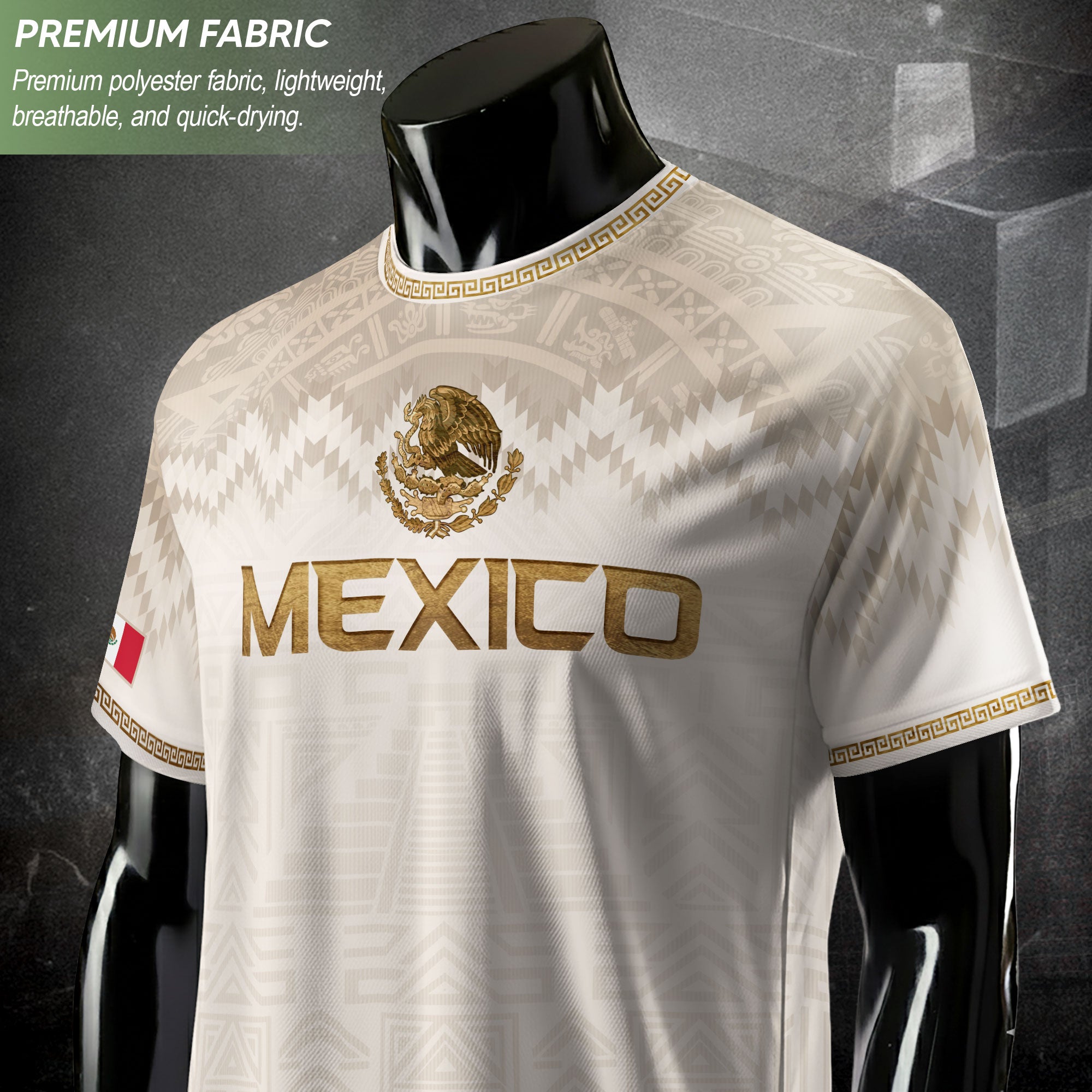 Camiseta de fútbol premium con emblema de águila azteca verde y dorado de México