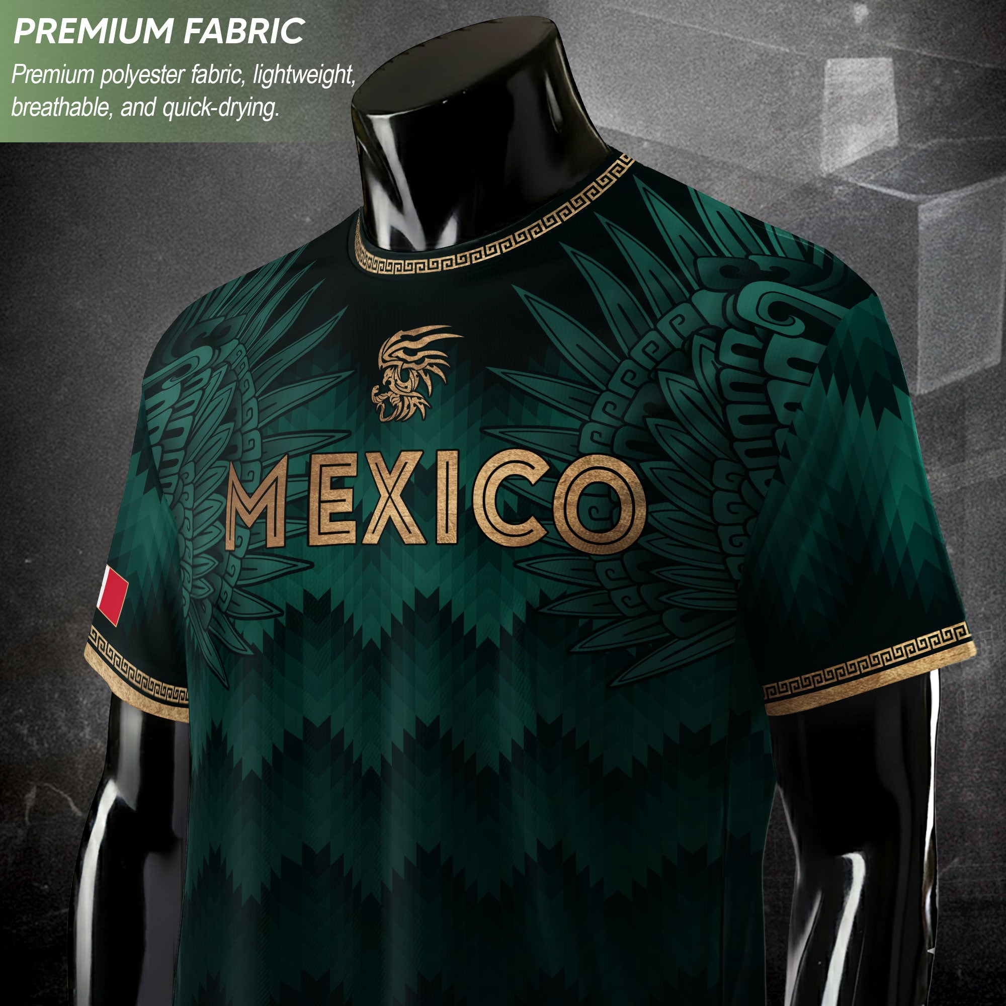 Mexico Coat of Arms Green Gold Aztec Ziczac Pattern Wing Graphic Heritage Soccer Jersey