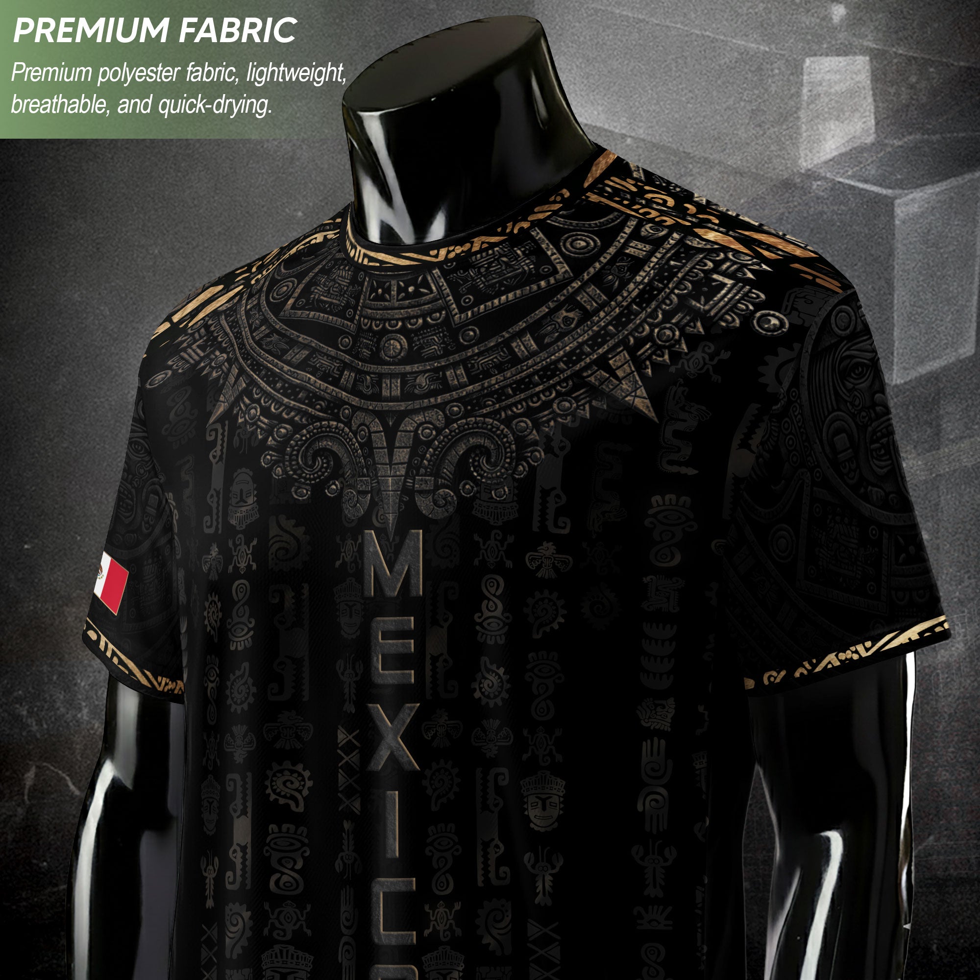 Mexico Heritage Orgullo Mexicano Black Bronze Ancient Mask Aztec Calendar Soccer Jersey