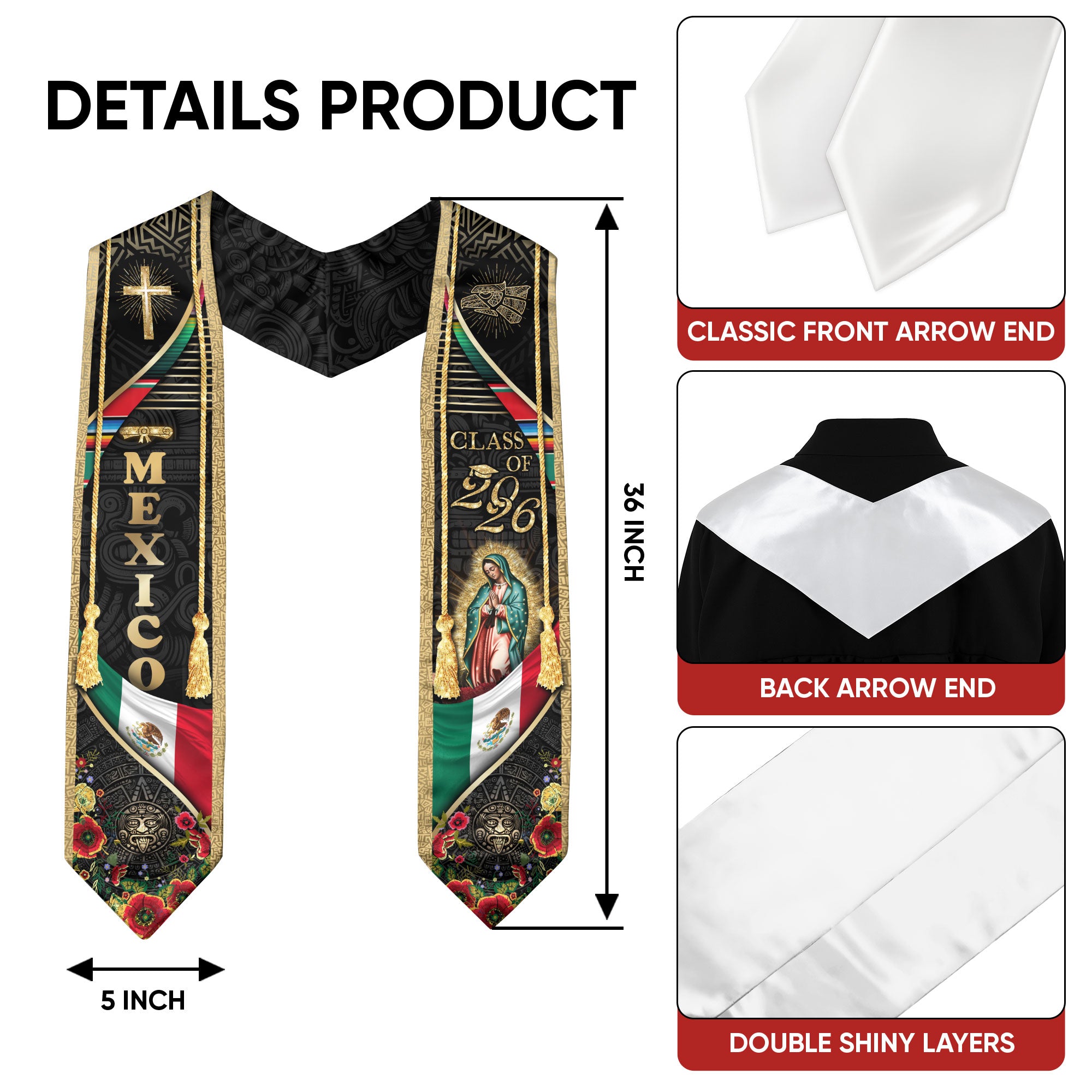 Mexican Graduation Stole Class of 2026 Aztec Calendar Cross Virgin Mary Mexico Flag Sash