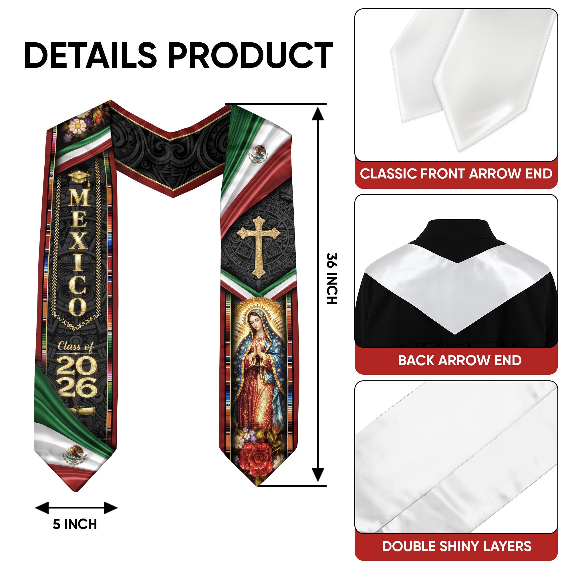 Mexican Graduation Stole Class of 2026 Aztec Virgin Mary Cross Mexico Flag Serape Sash