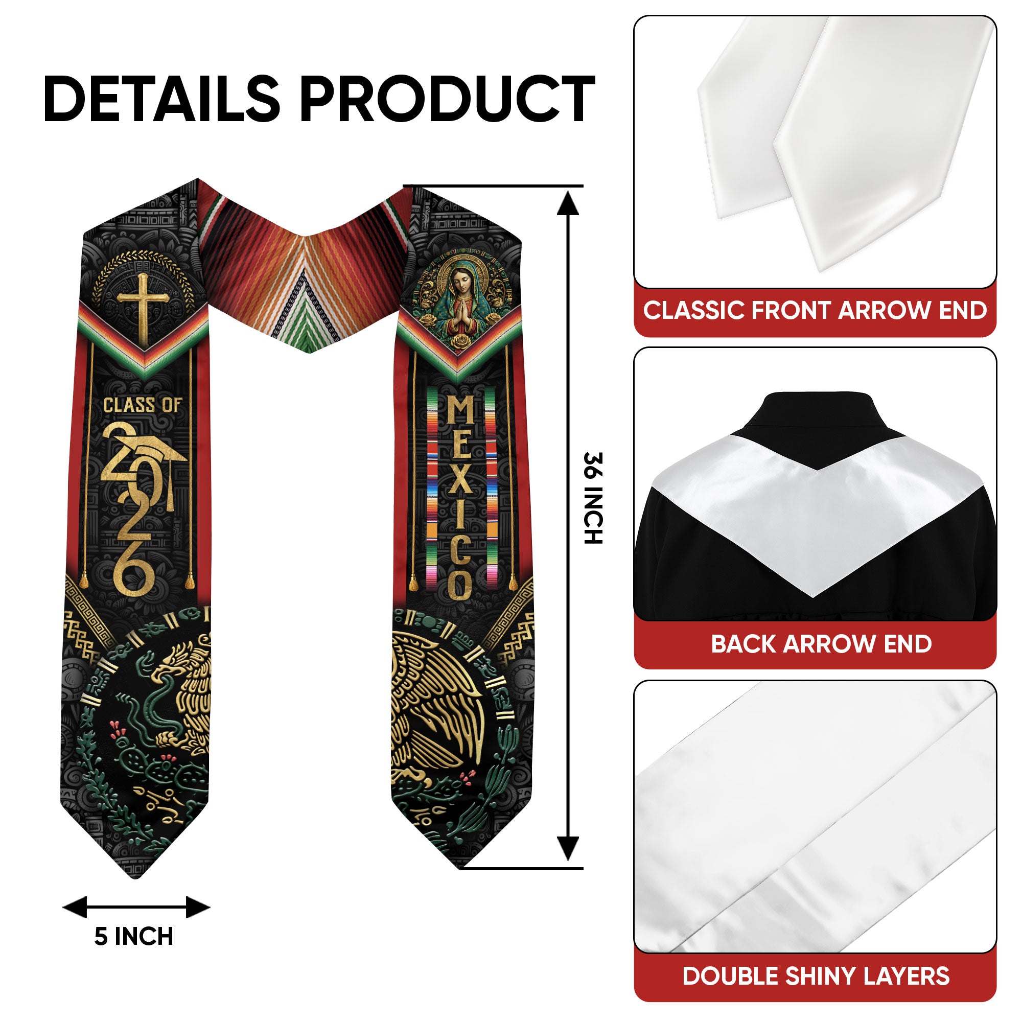 Mexican Graduation Stole Class of 2026 Aztec Calendar Eagle Cross Virgin Mary Mexico Sash