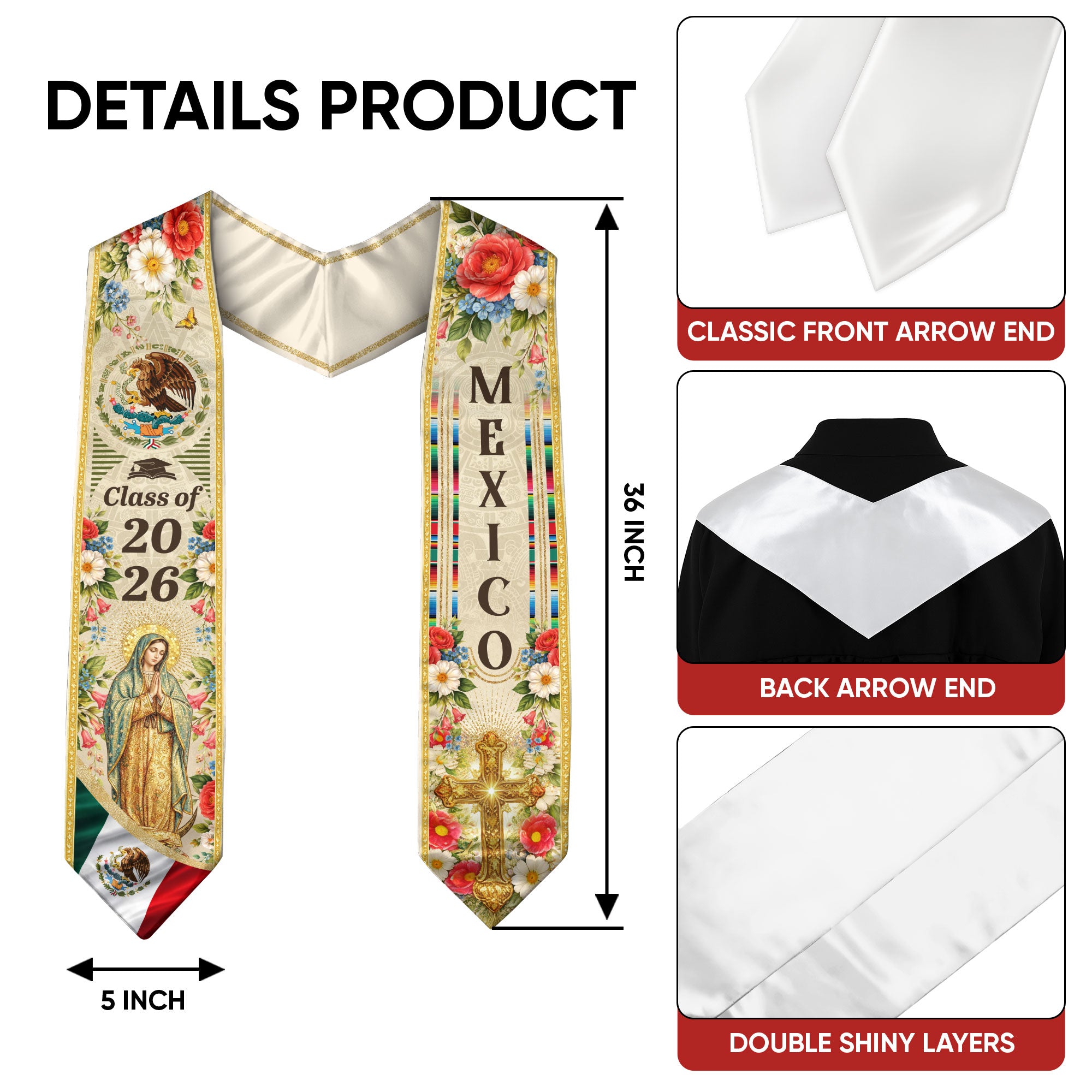 Mexican Graduation Stole 2026, Our Lady of Guadalupe & Eagle Flower Heritage