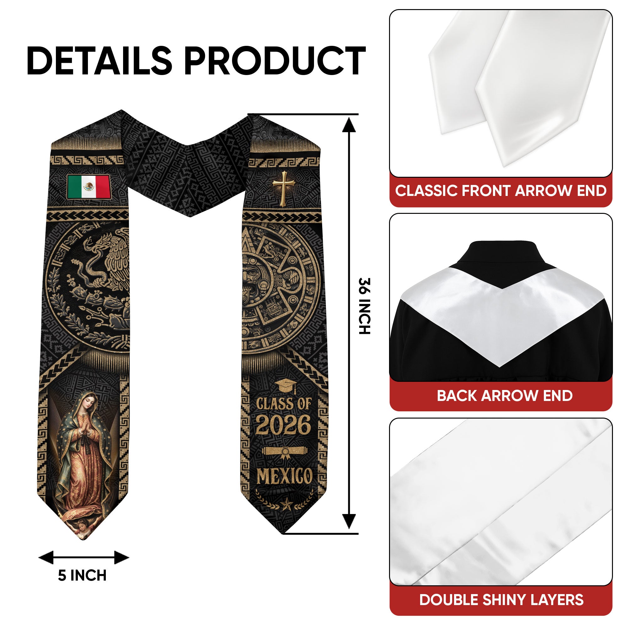Mexican Graduation Stole 2026, Luxury Black Gold Aztec & Our Lady of Guadalupe