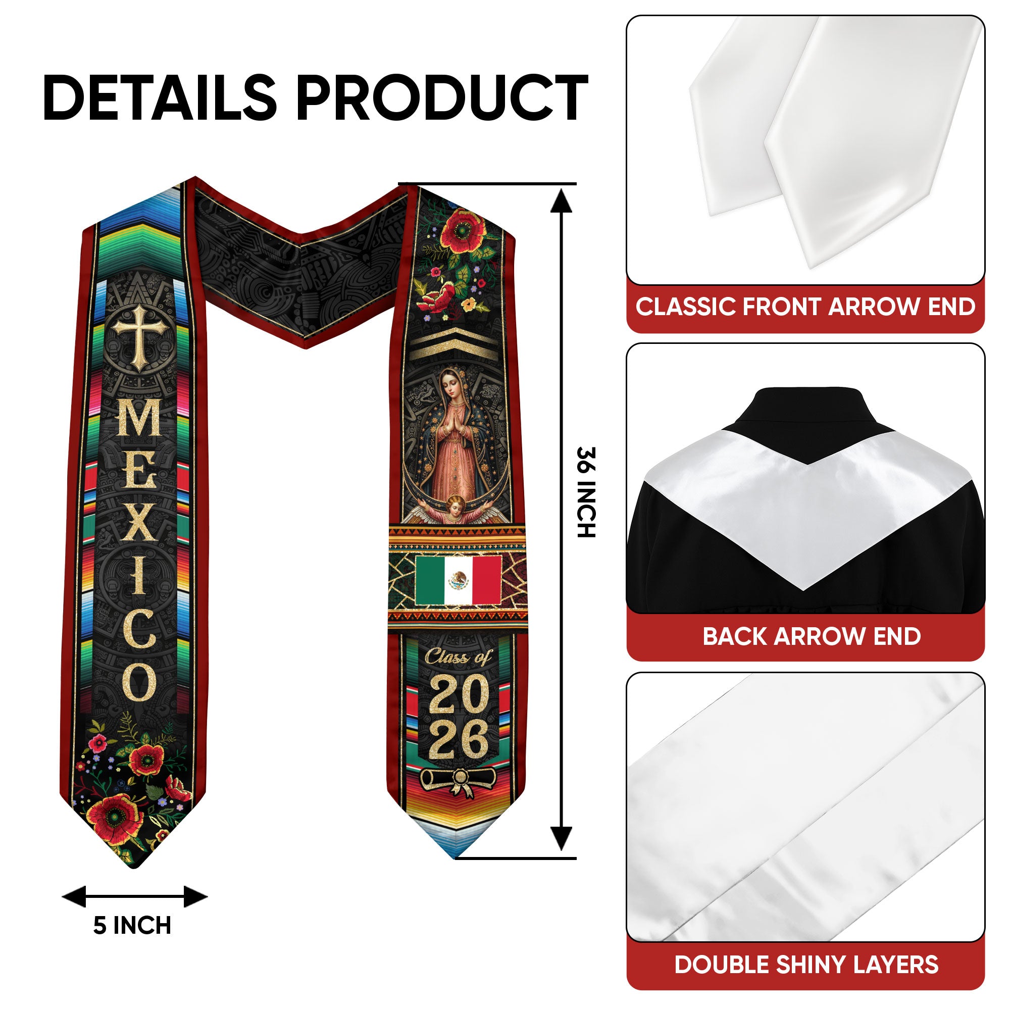 Virgin Mary Mexico Graduation Stole 2026, Golden Cross & Serape Flag Heritage