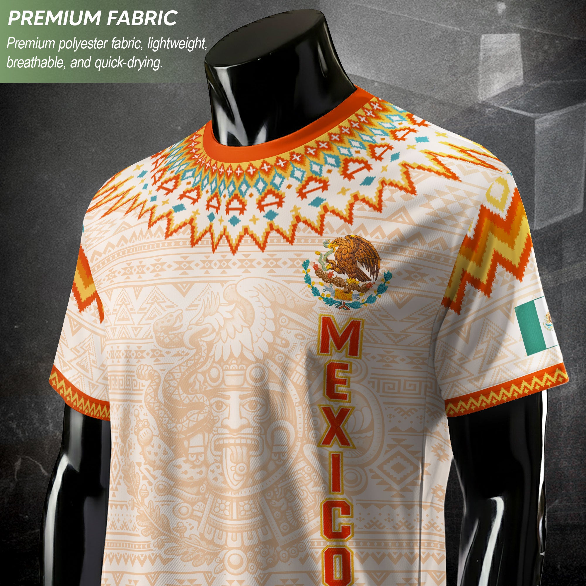 Mexico Cream Orange Heritage Soccer Jersey, Aztec Pattern Mexican Roots Design Jersey For Men