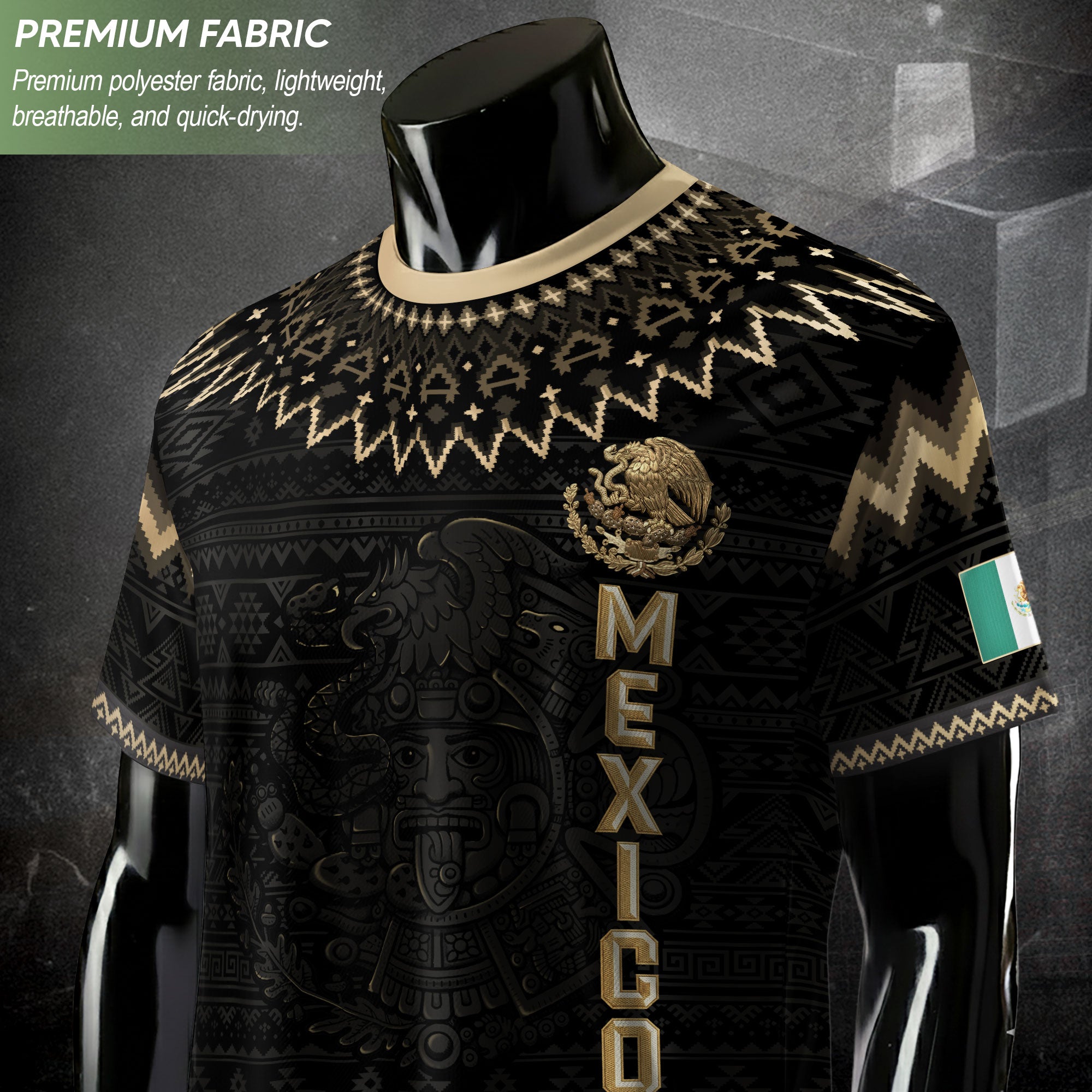 Camiseta de fútbol premium con emblema de águila azteca verde y dorado de México