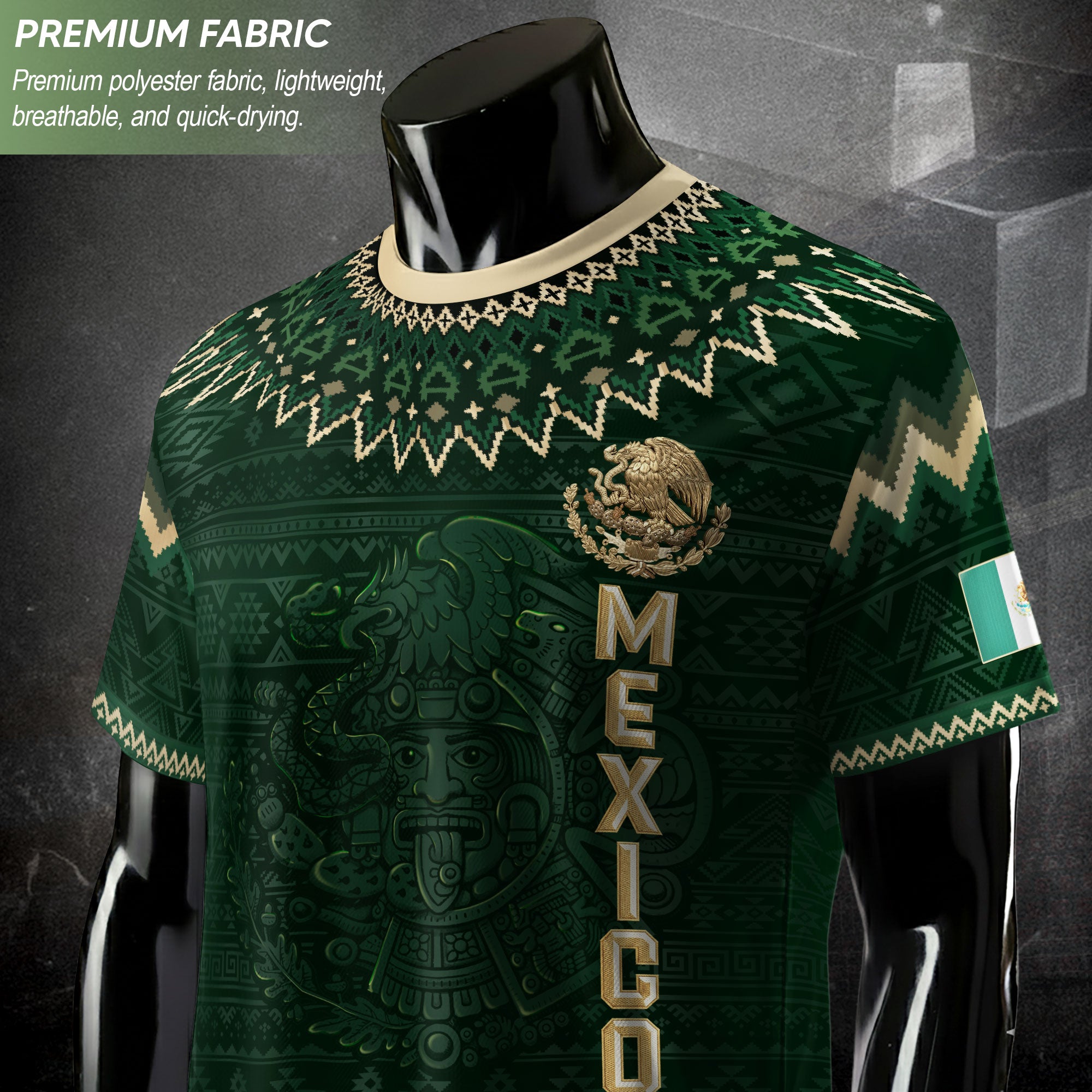 Mexico Heritage Soccer Jersey, Green Gold Aztec Calendar Design Sports Jersey for Men