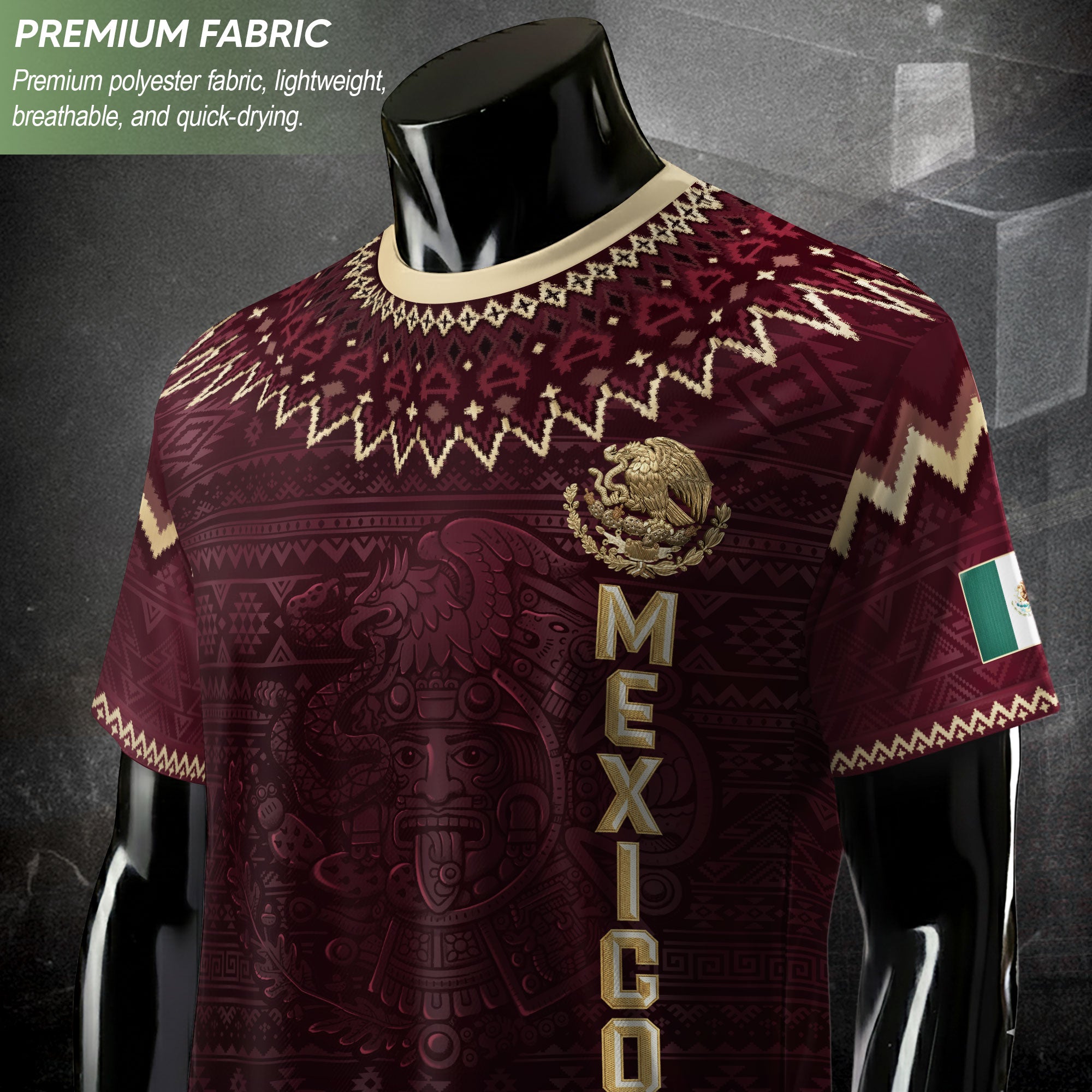 Mexico Heritage Soccer Jersey, Maroon Burgundy Gold Aztec Eagle Design Sports Jersey for Men