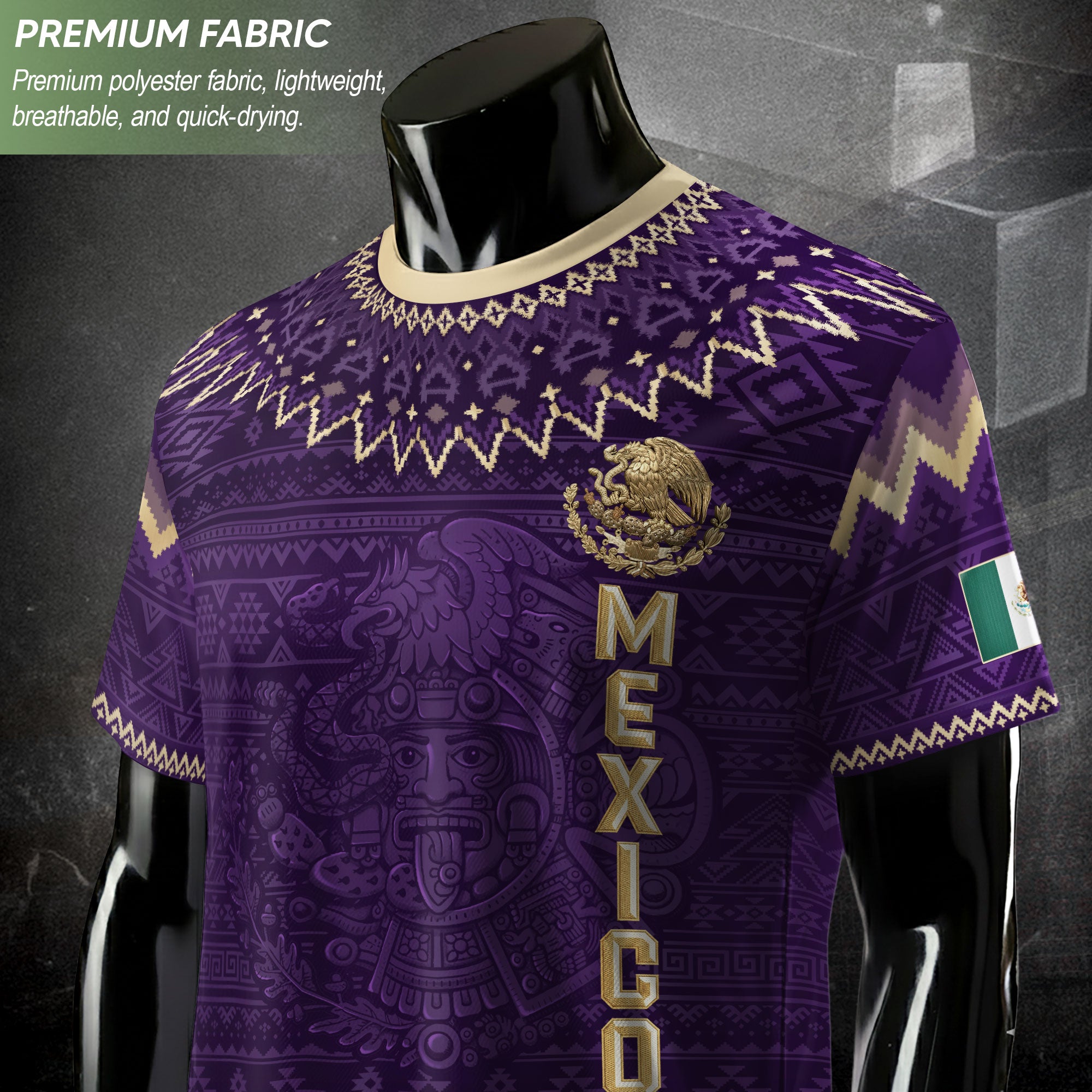 Mexico Heritage Soccer Jersey, Purple Gold Aztec Calendar Design Sports Jersey for Men