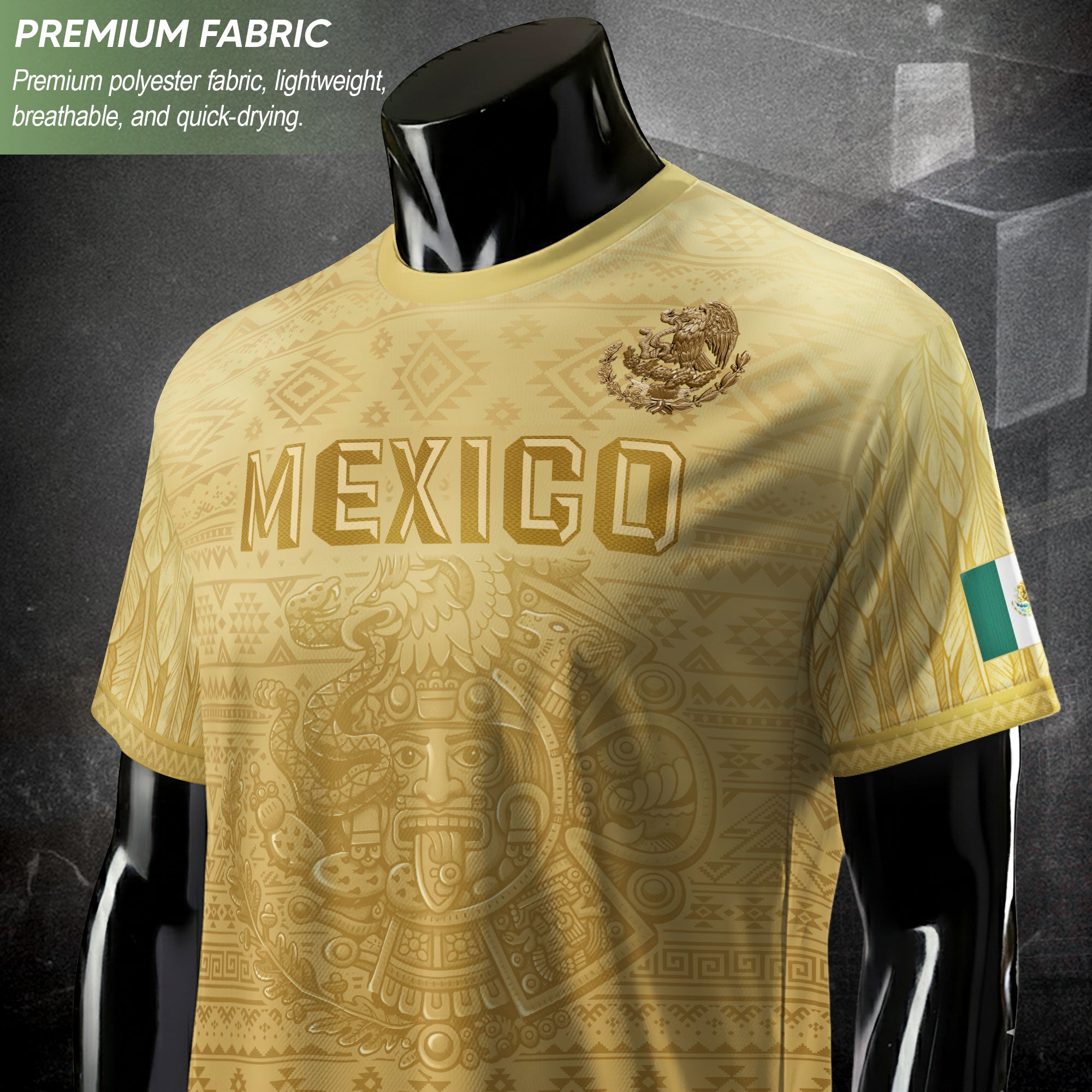 Mexico Heritage Soccer Jersey, Yellow Gold Aztec Calendar Design Sports Jersey for Men