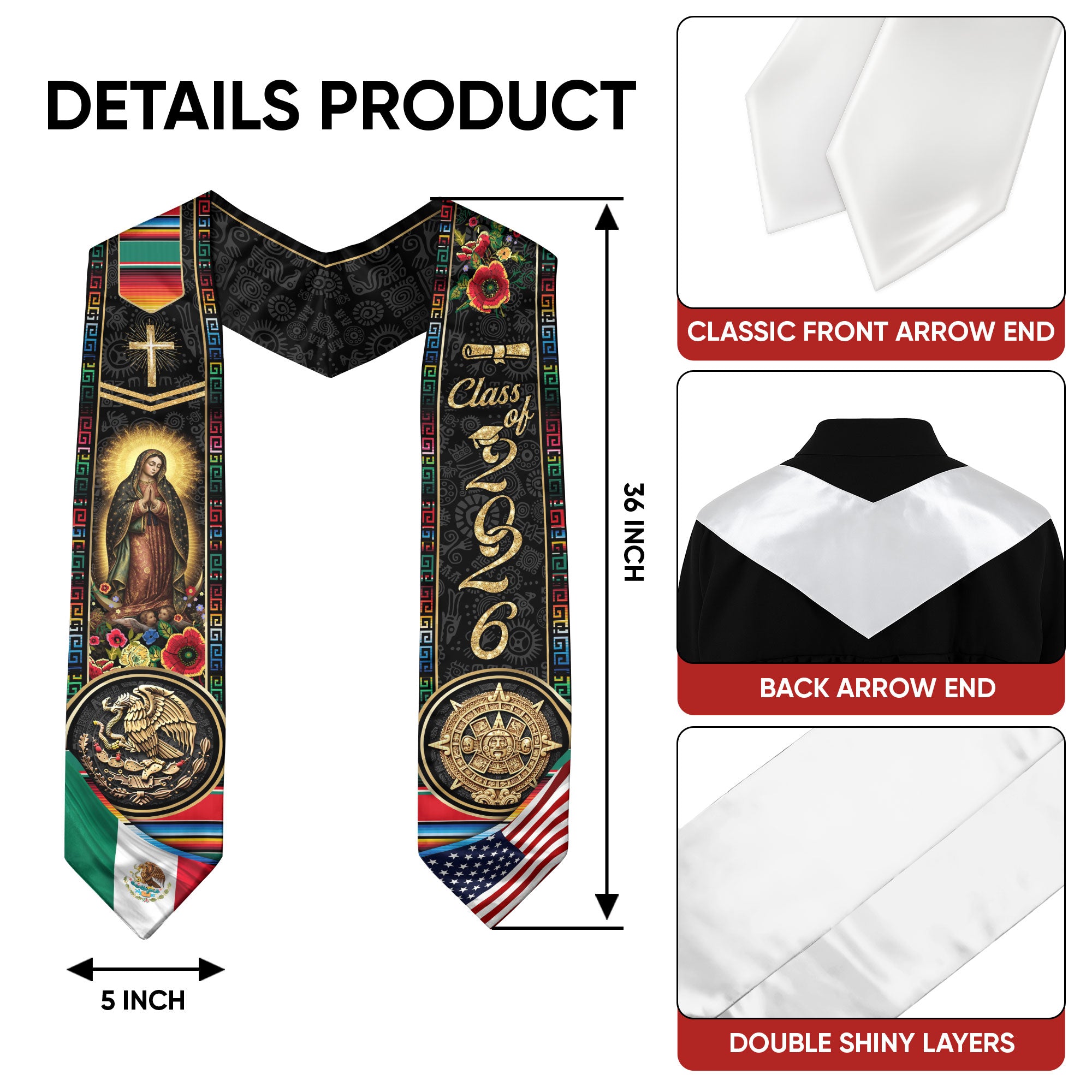 Class of 2026 Mexico Graduation Stole, Eagle & Aztec Sun Stone Heritage Serape