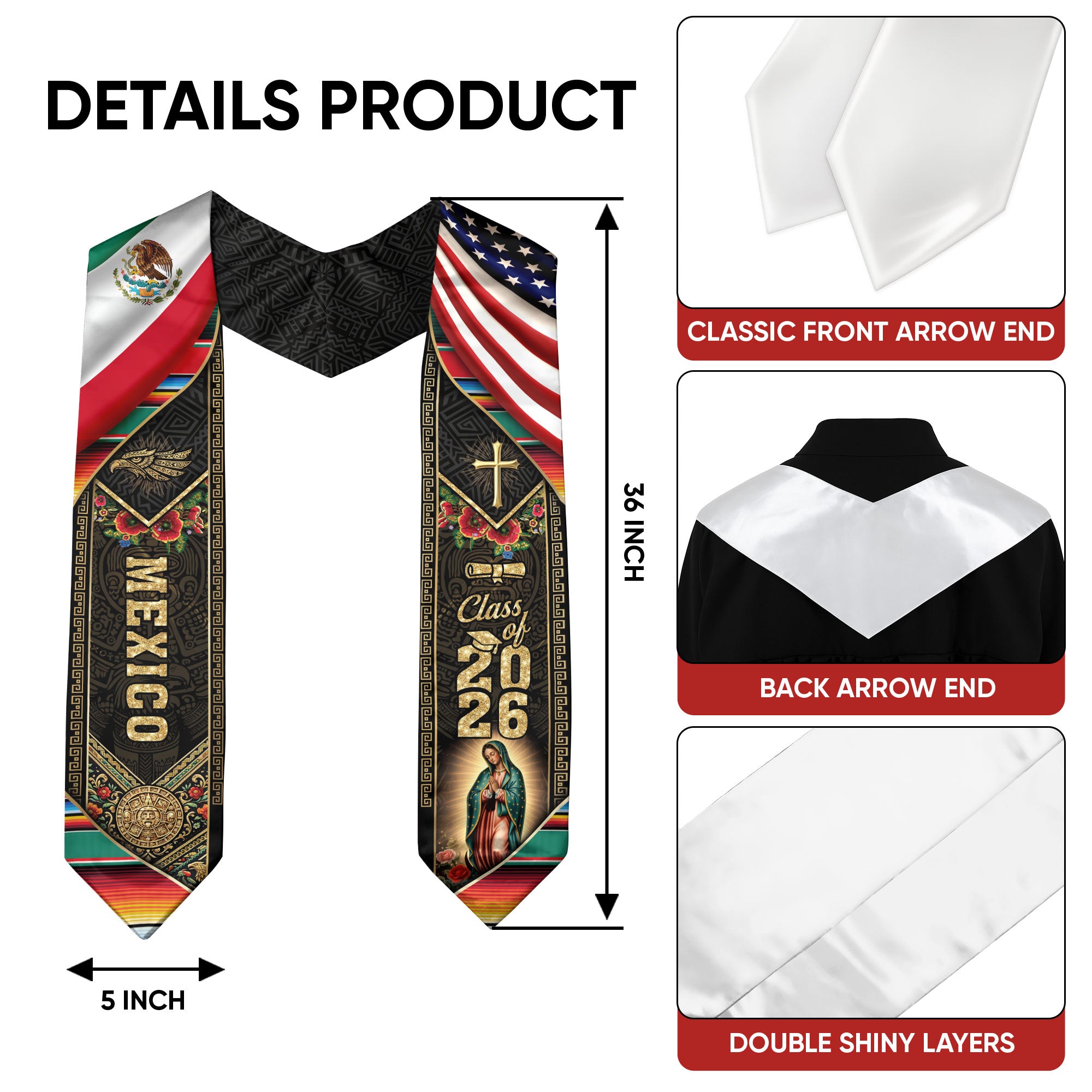 Mexico USA Graduation Stole Class of 2026, Virgin Mary & Eagle Heritage