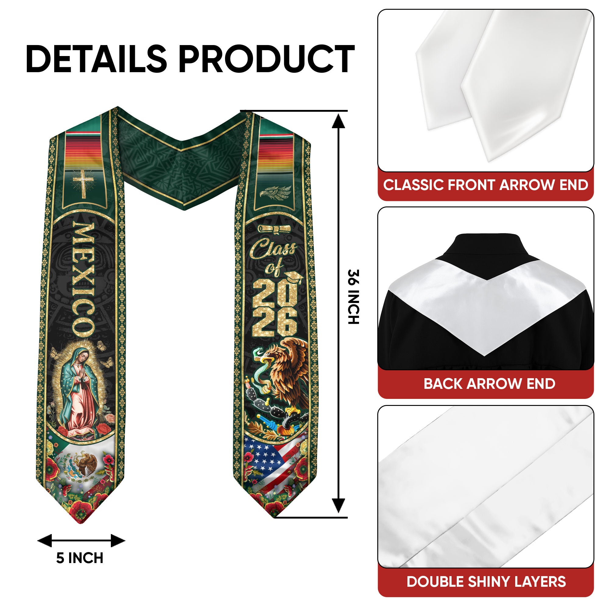 Virgin Mary Mexico Graduation Stole 2026, Golden Cross & US Mexico Flag