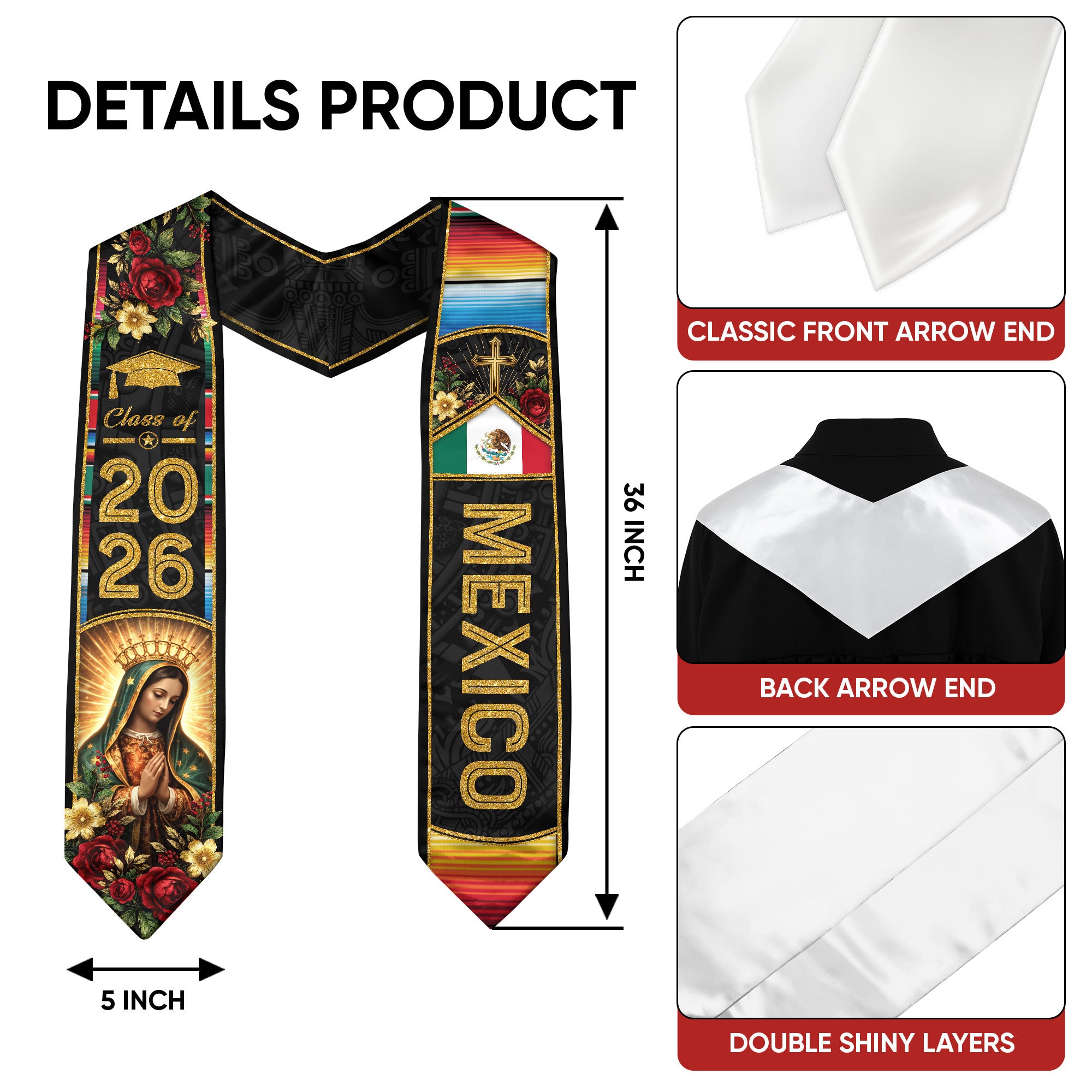 Mexican American Flag Graduation Stole Class of 2026 Mexican Sash Stoles for Graduation