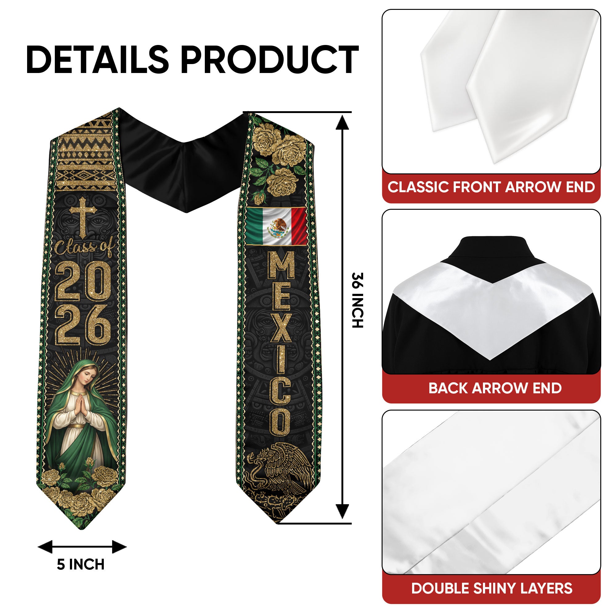Graduation Stole Mexican Class of 2026 Mexican American Flag Sash for 2026 Graduation
