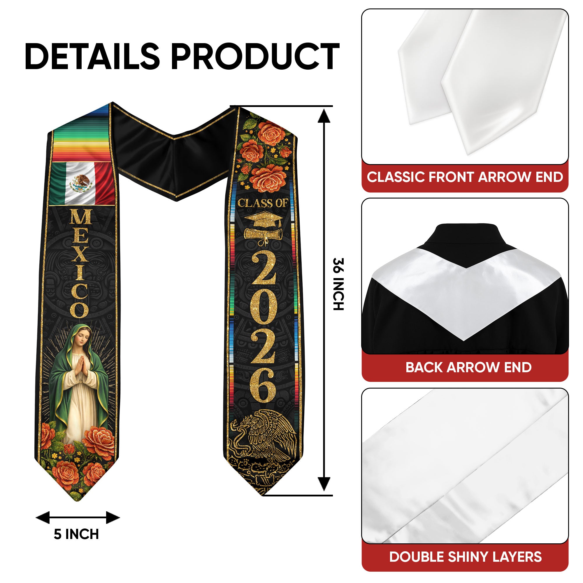 Class of 2026 Mexican Graduation Stole Mexican American Flag Sash for Graduation