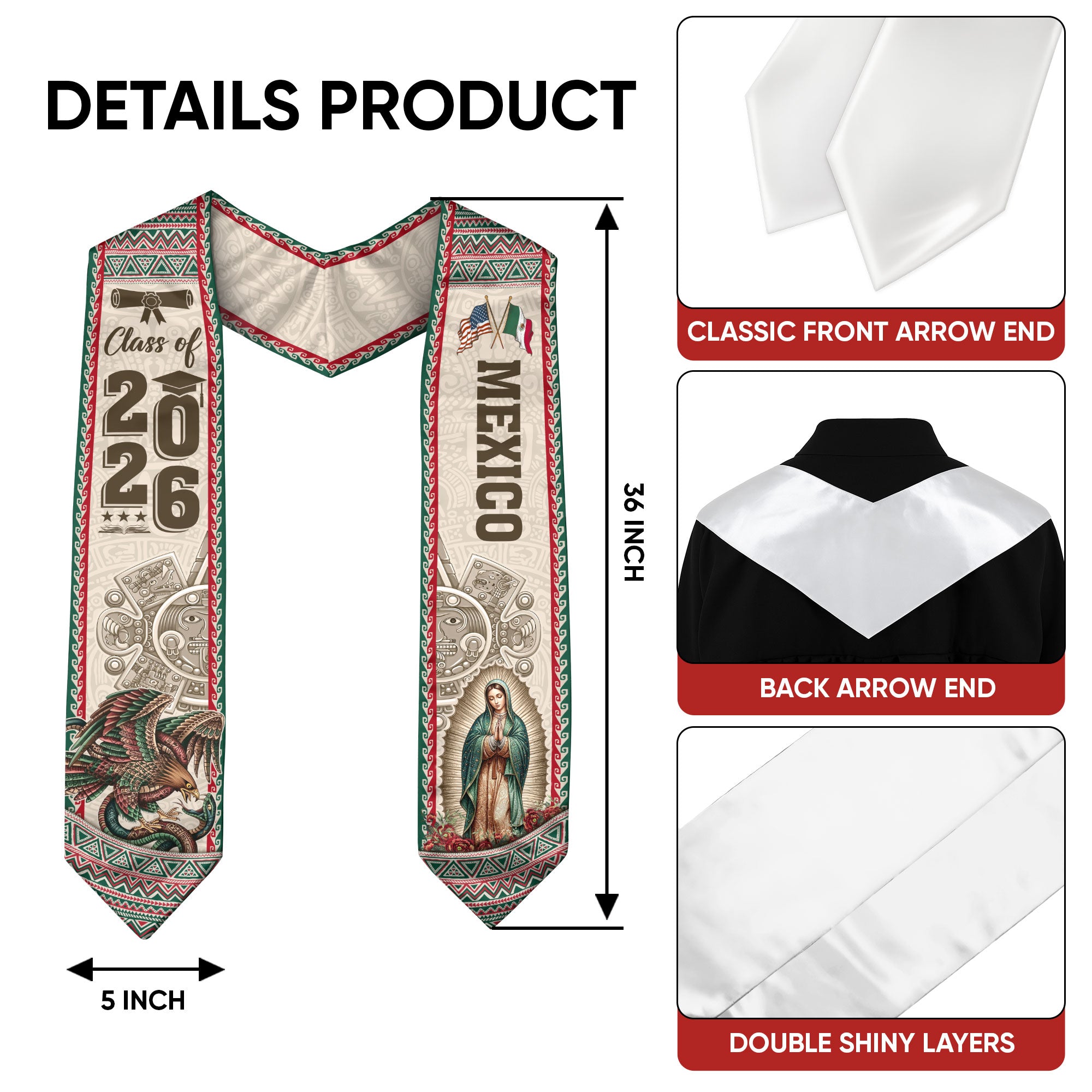 Graduation Stole Class of 2026 Mexico Aztec Guadalupe Hispanic Cultural Sash Gift