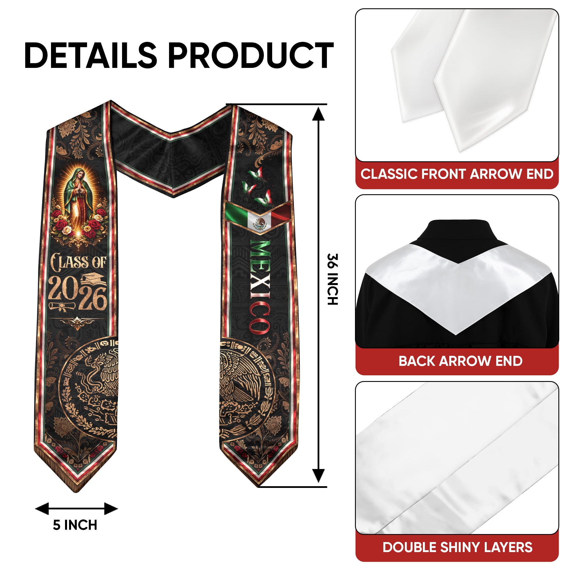 Class of 2026 Graduation Stole Mexico Guadalupe Premium Elegant Hispanic Sash Gift