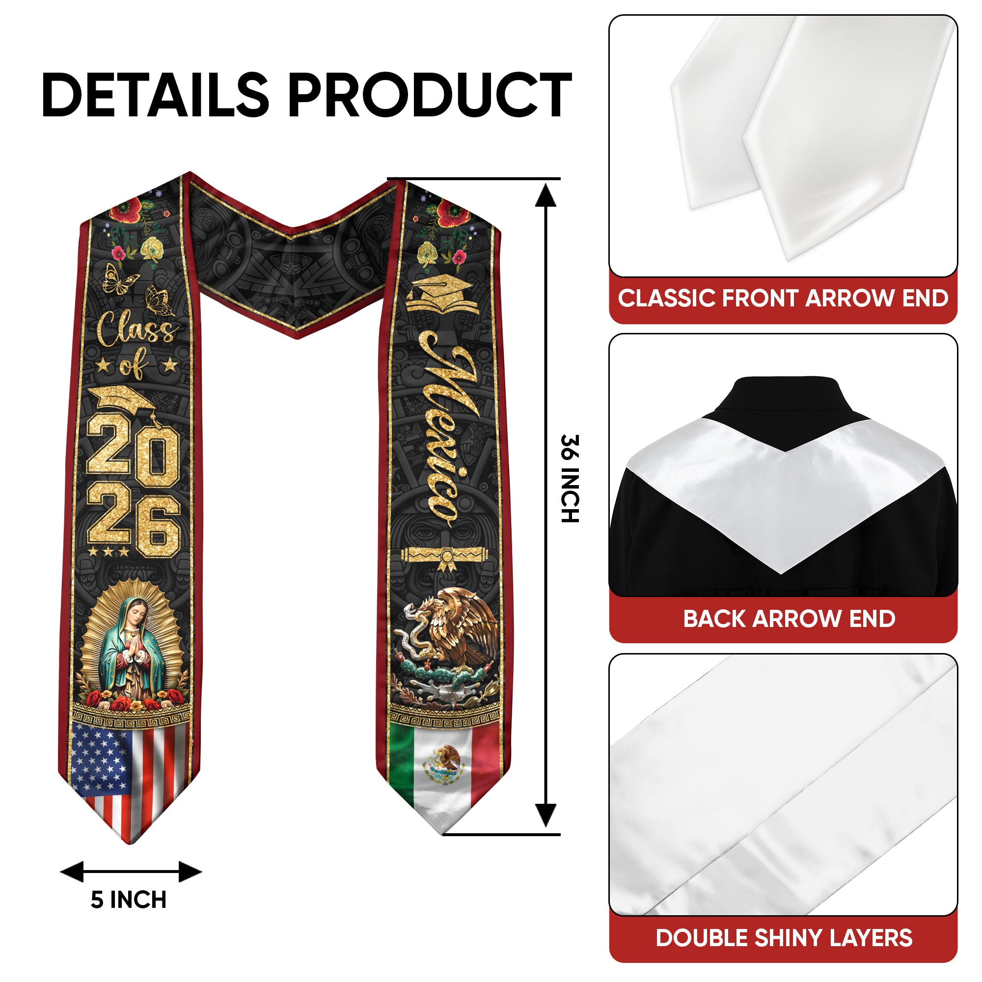 Graduation Stole Class of 2026 Mexico USA Guadalupe Dual Heritage Hispanic Sash