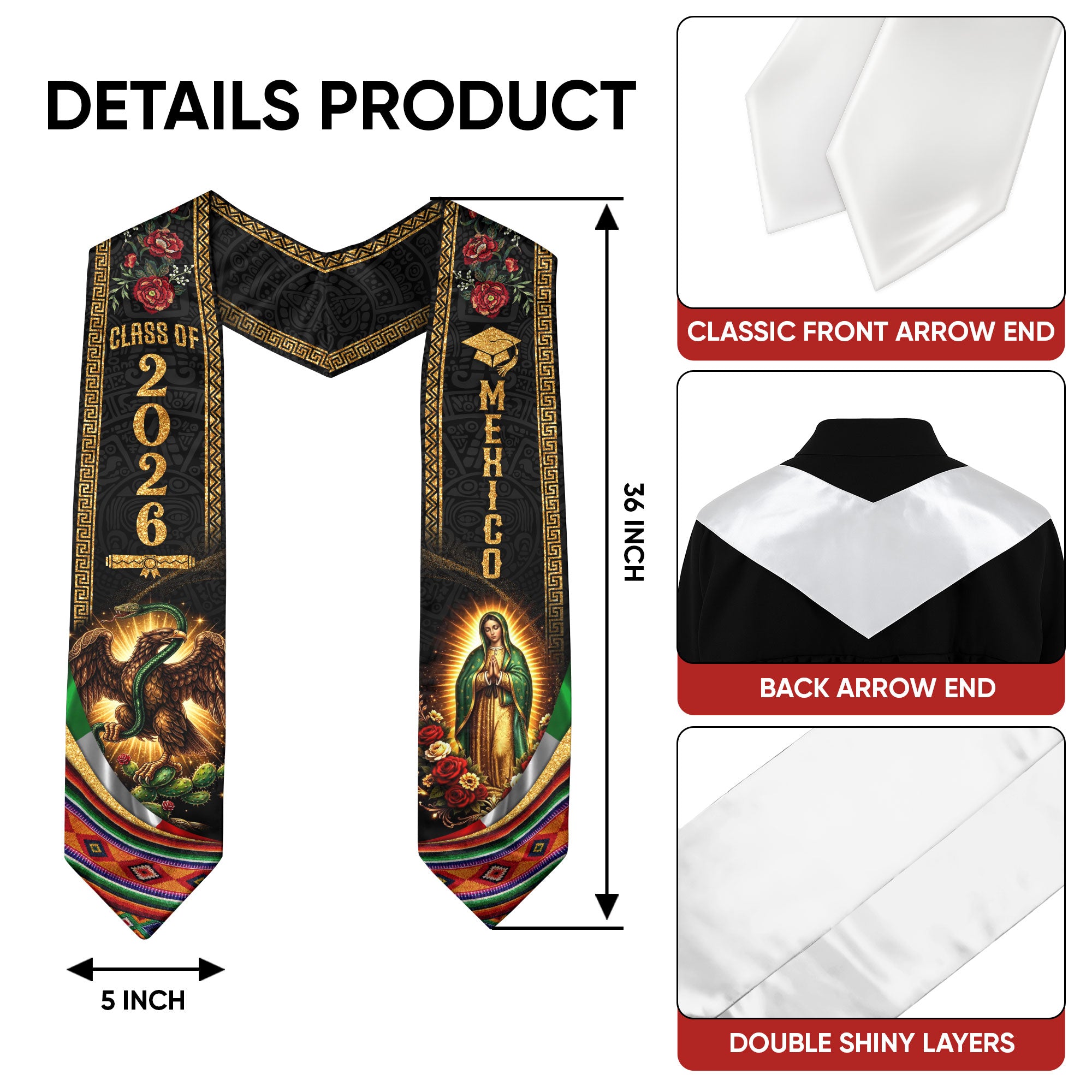 Graduation Stole Class of 2026 Mexico Aztec Eagle Guadalupe Premium Hispanic Sash