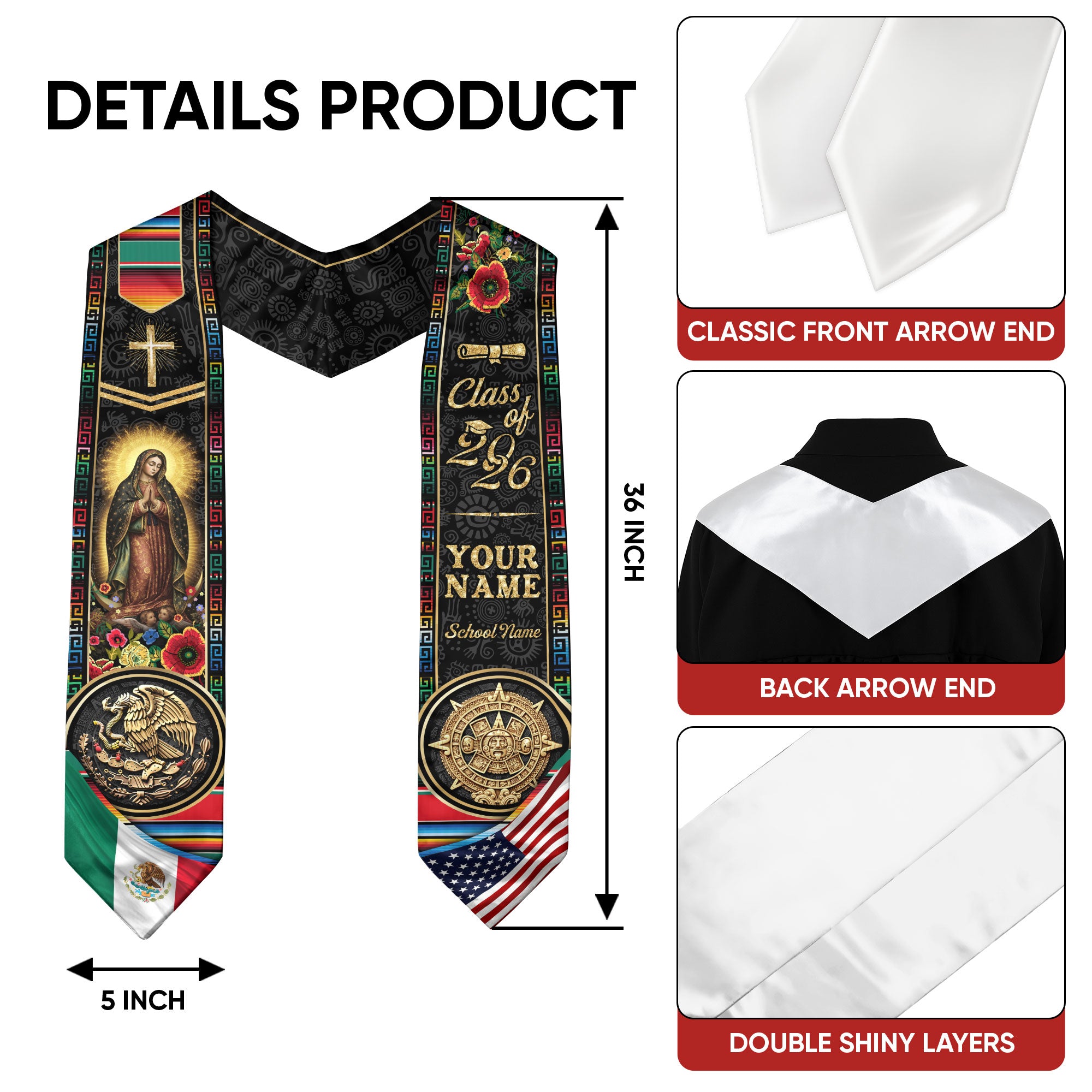 Custom Mexico USA Graduation Stole 2026 Virgin of Guadalupe Aztec Calendar Heritage Sash
