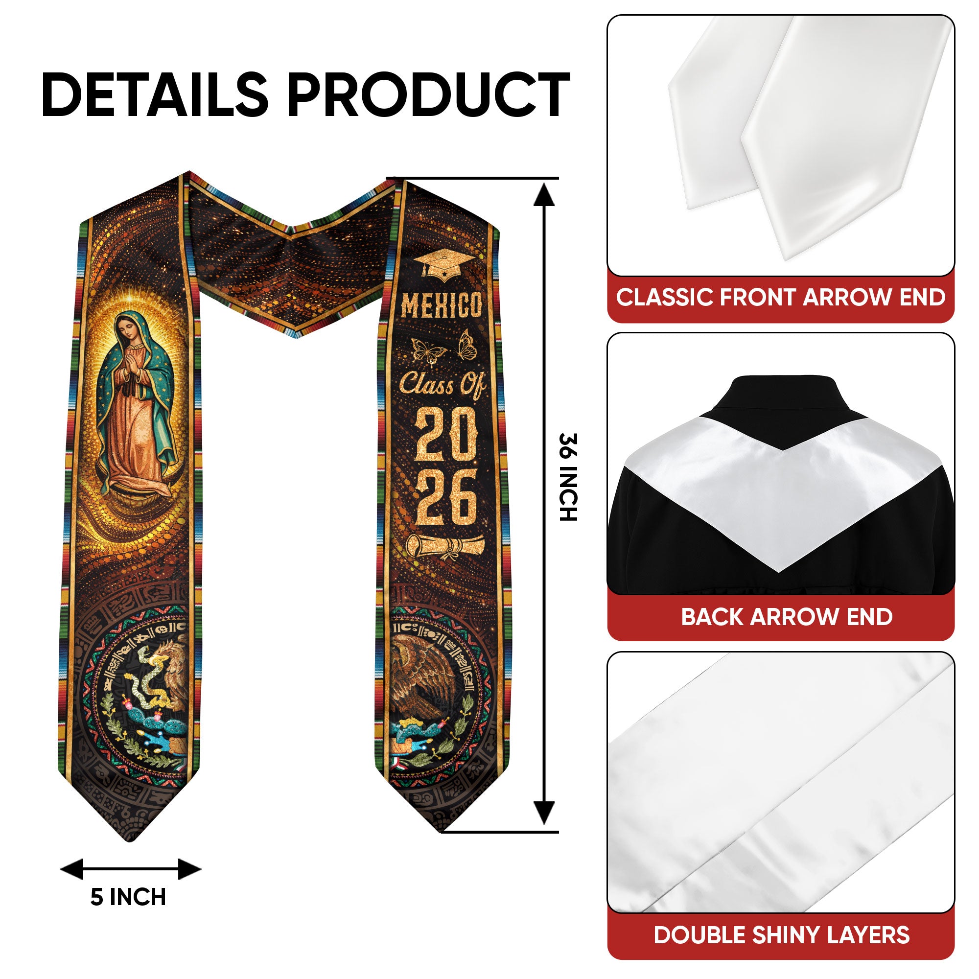 Mexico Graduation Stole Class of 2026 Virgin of Guadalupe Aztec Calendar Serape Sash