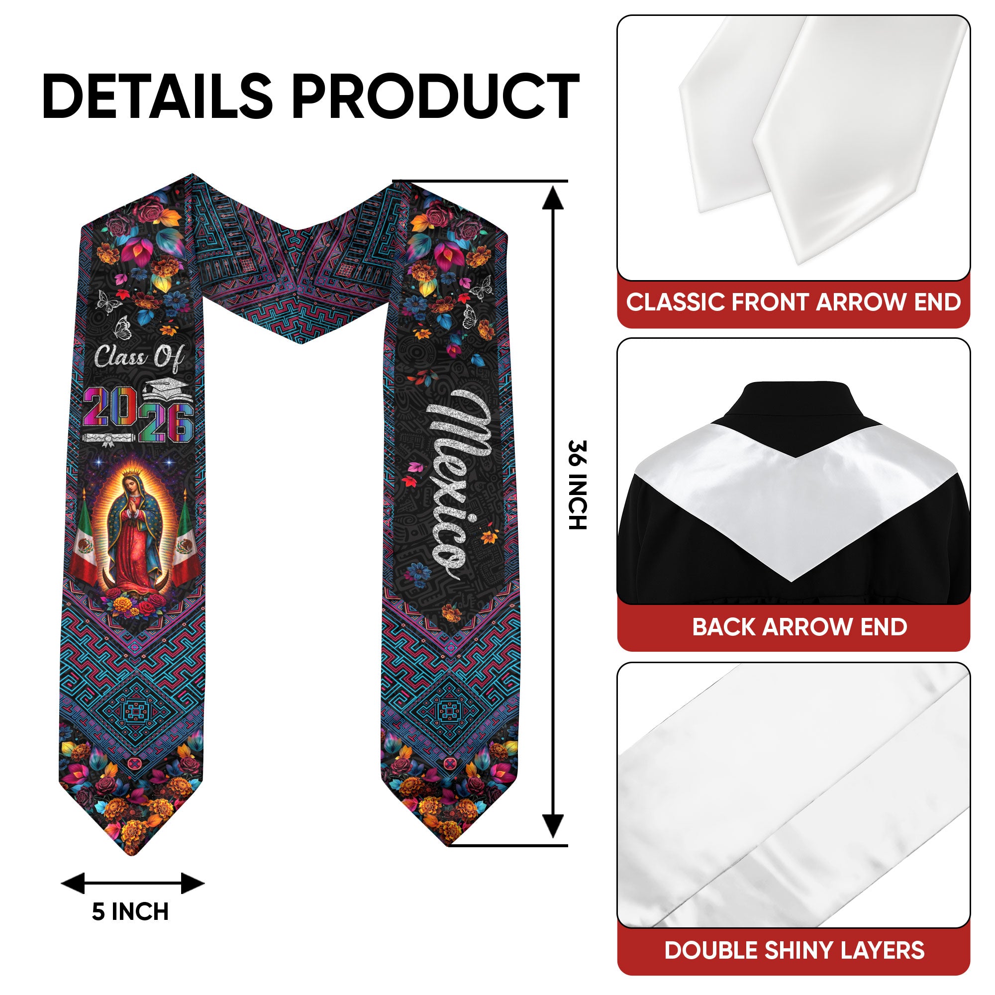 Class of 2026 Mexico Graduation Stole Virgin Guadalupe Floral Cultural Kente Sash