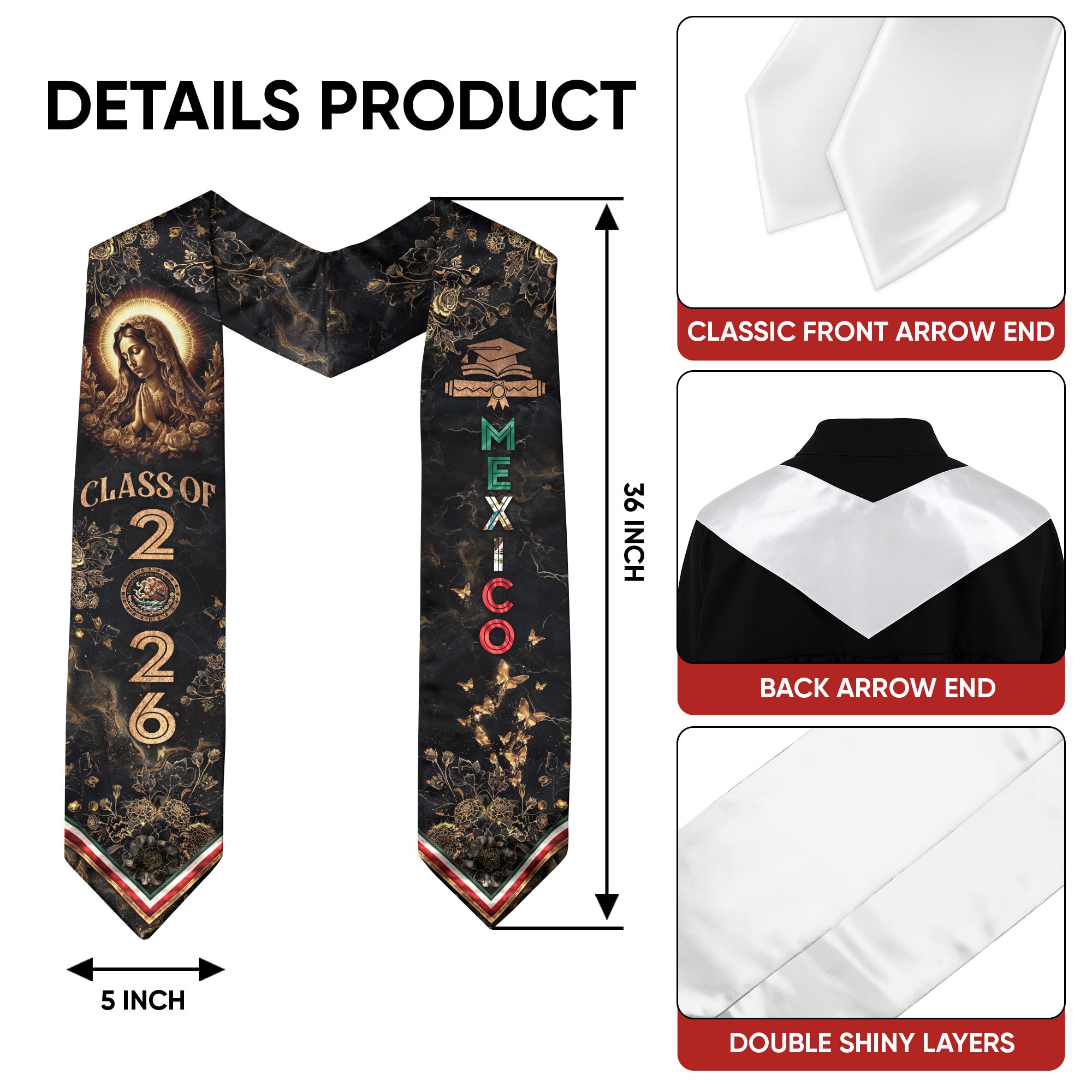 Mexico Graduation Stole Class of 2026 Virgin of Guadalupe Floral Heritage Sash
