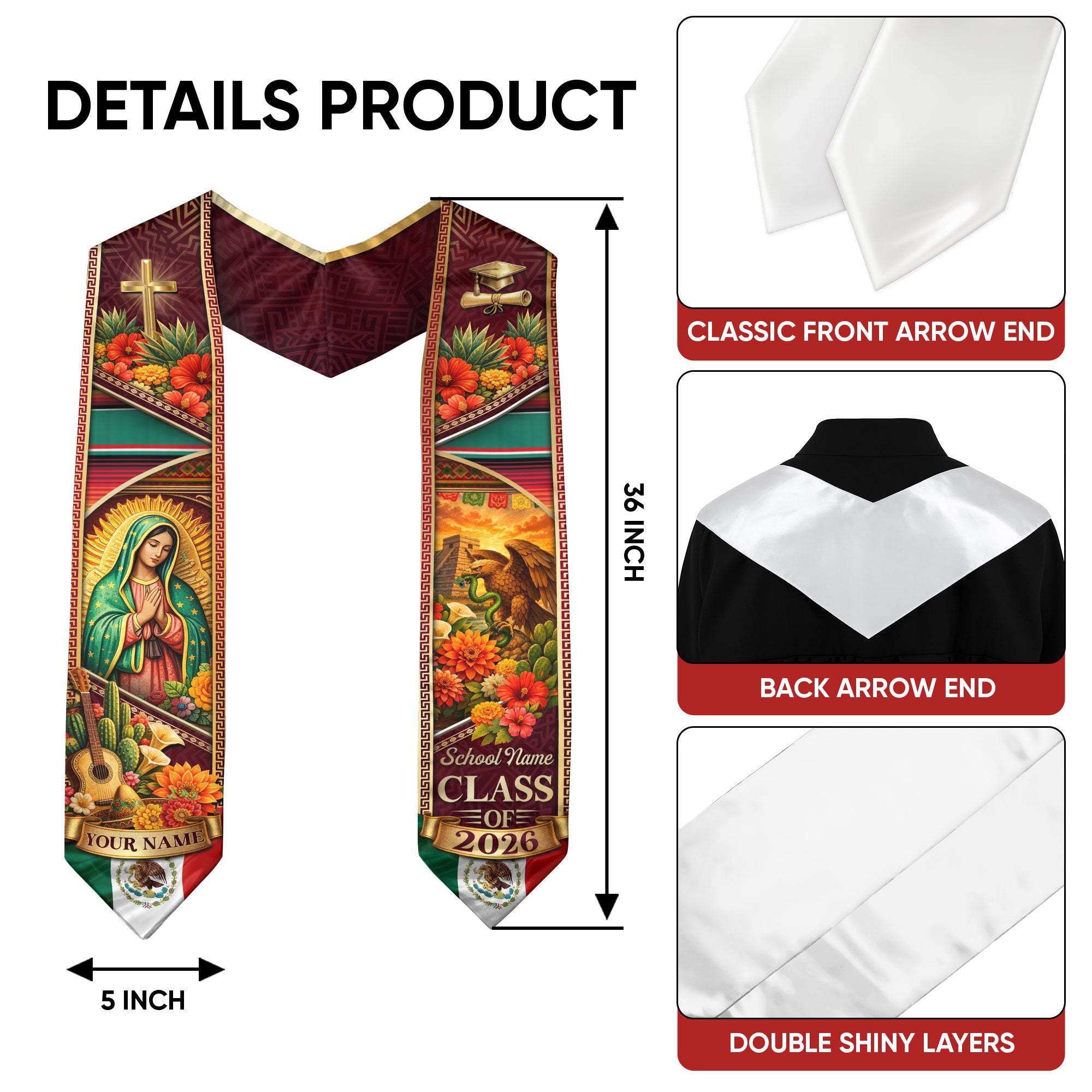 Mexico Graduation Stole Custom 2026 Guadalupe Aztec Eagle Serape Sash Gift